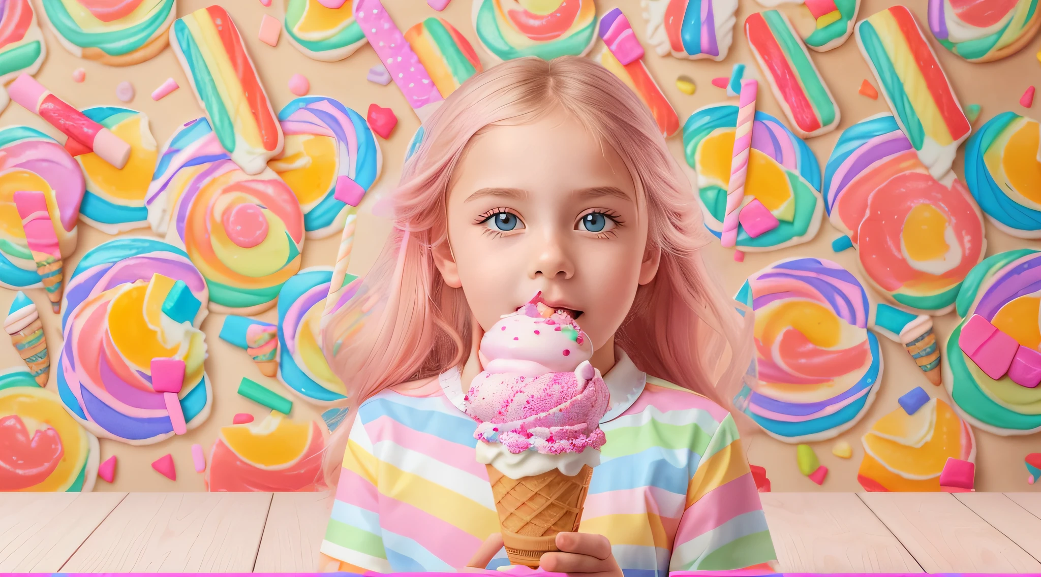 10-year-old Russian child girl, close up, PORTRAIT, with long blonde hair, a popsicle with a colorful layer of rainbow, ice cream, high-quality product photo, lollipop, slapstick, made of glazed and high-quality product image", pastel, made of lollipops, pastry candy, 3 4 5 3 1, gum, ice cream cone, ice cream on the side, product introduction photo, made of cotton candy