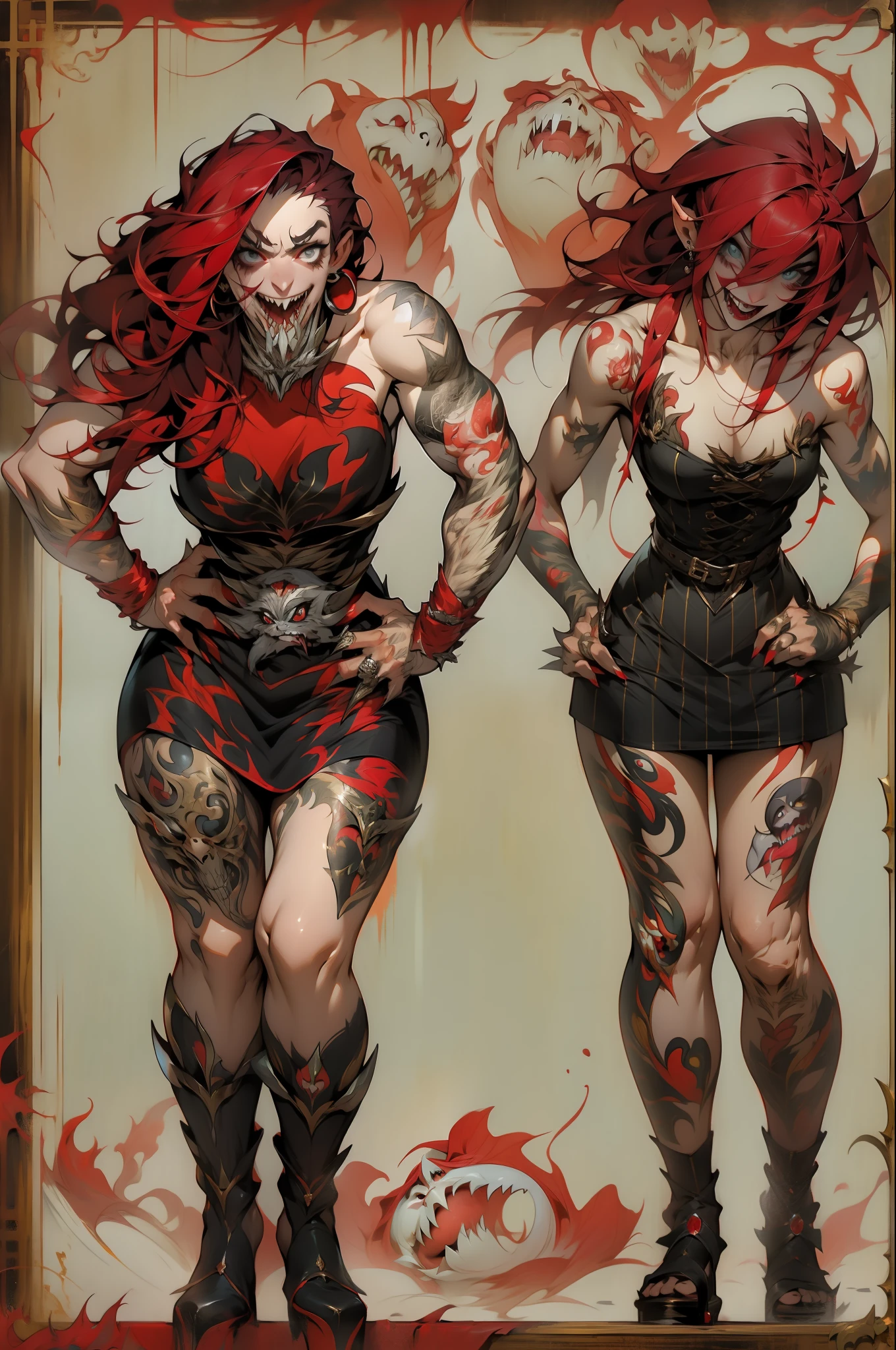 Garota vampiro, caninos compridos, roupa vermelha, sorriso malicioso, cabelo longo branco com mechas vermelhas, Short strapless dress, mostrando grande parte dos seio grandes, decote generoso, Bare arms with horror tattoos, pose sensual, morcegos voando em volta, Gothic visual, rosto lindo, corpo perfeito