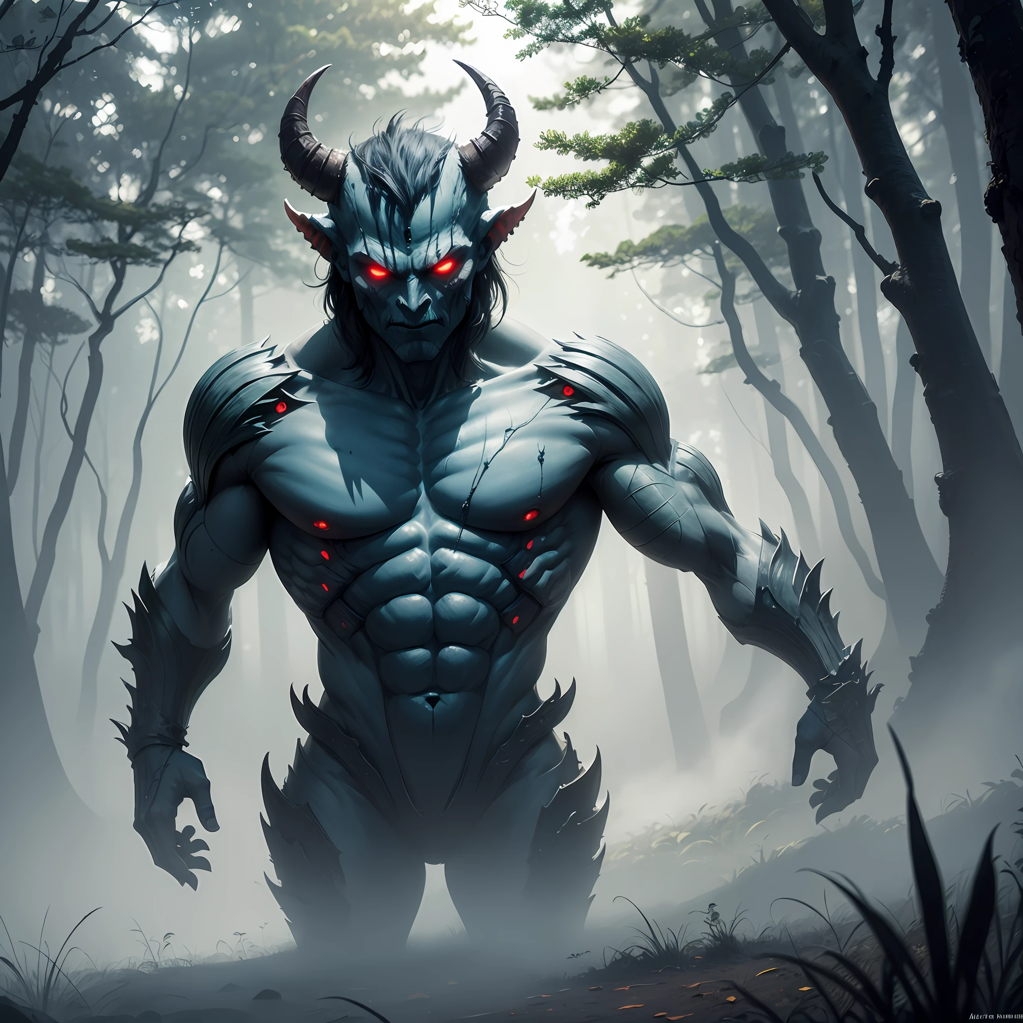 Create a humanoid-shaped demon that hides in the mist of the forest --auto