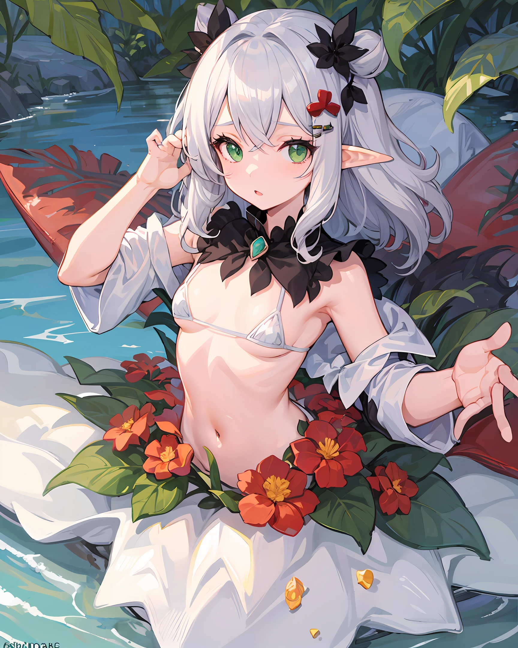 girl, Lori,, Lori, Micro Bikini,, Super, Nahida, Micro White Bikini, elf-ears, Silver hair,Light green eyes,Sexy,Green hair ornament,Small breasts