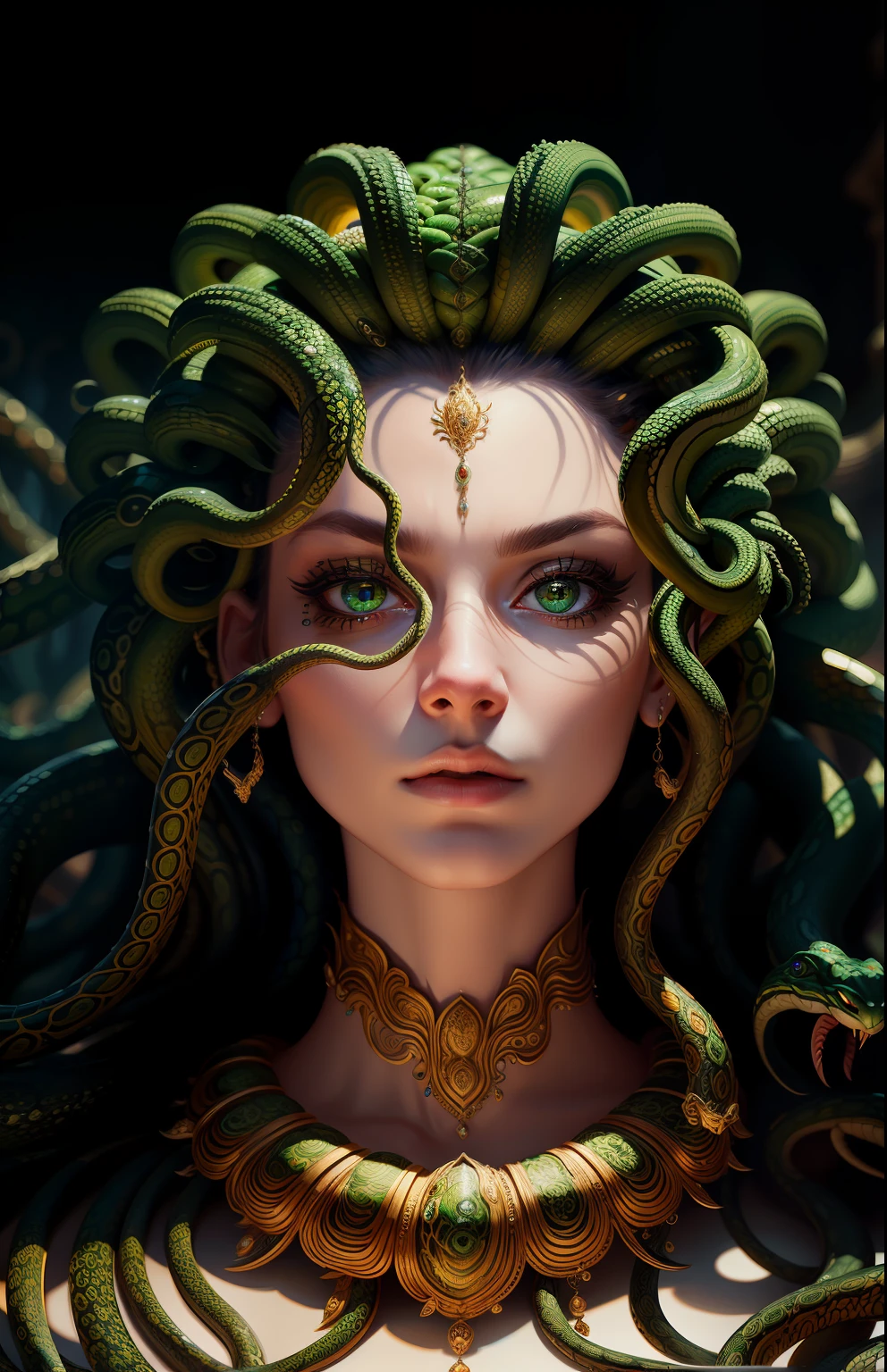 ((best quality)), ((masterpiece)), ((realistic)), Medusa, full body, the hair is composed of countless small snakes, green eyes, female face, metal carved top, royal aura, trend on artstation , sharp focus, studio photo, intricate detail, very detailed, detailed eye, illustration, very detailed, sharp focus, digital render, professional, 4k