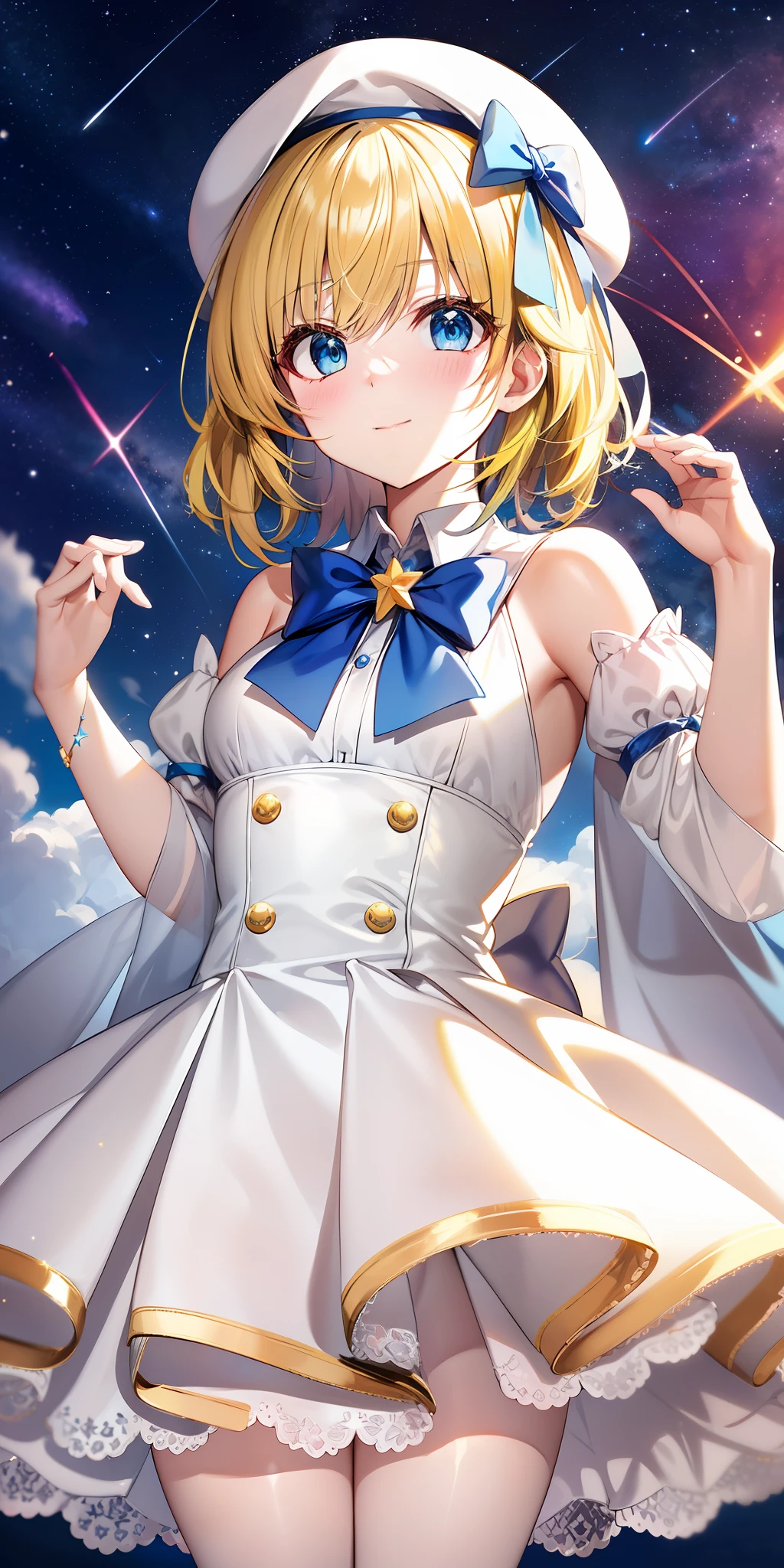 Yellow-haired，white dresses，eBlue eyes，star accessories，Blue bow tie，white beret（It has a blue bow on it），starryskybackground，meteors，4K