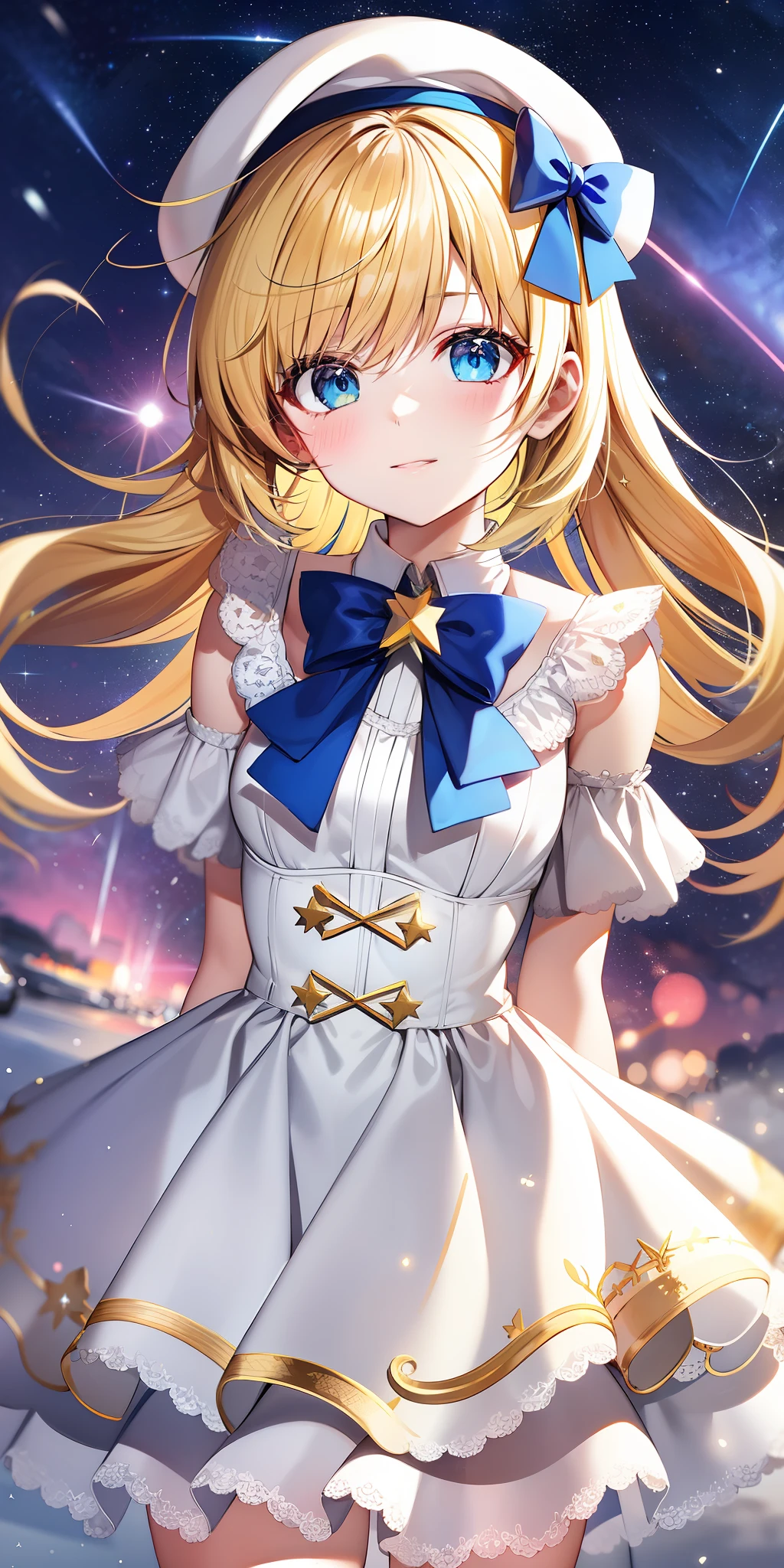 Yellow-haired，white dresses，eBlue eyes，star accessories，Blue bow tie，white beret（It has a blue bow on it），starryskybackground，meteors，4K