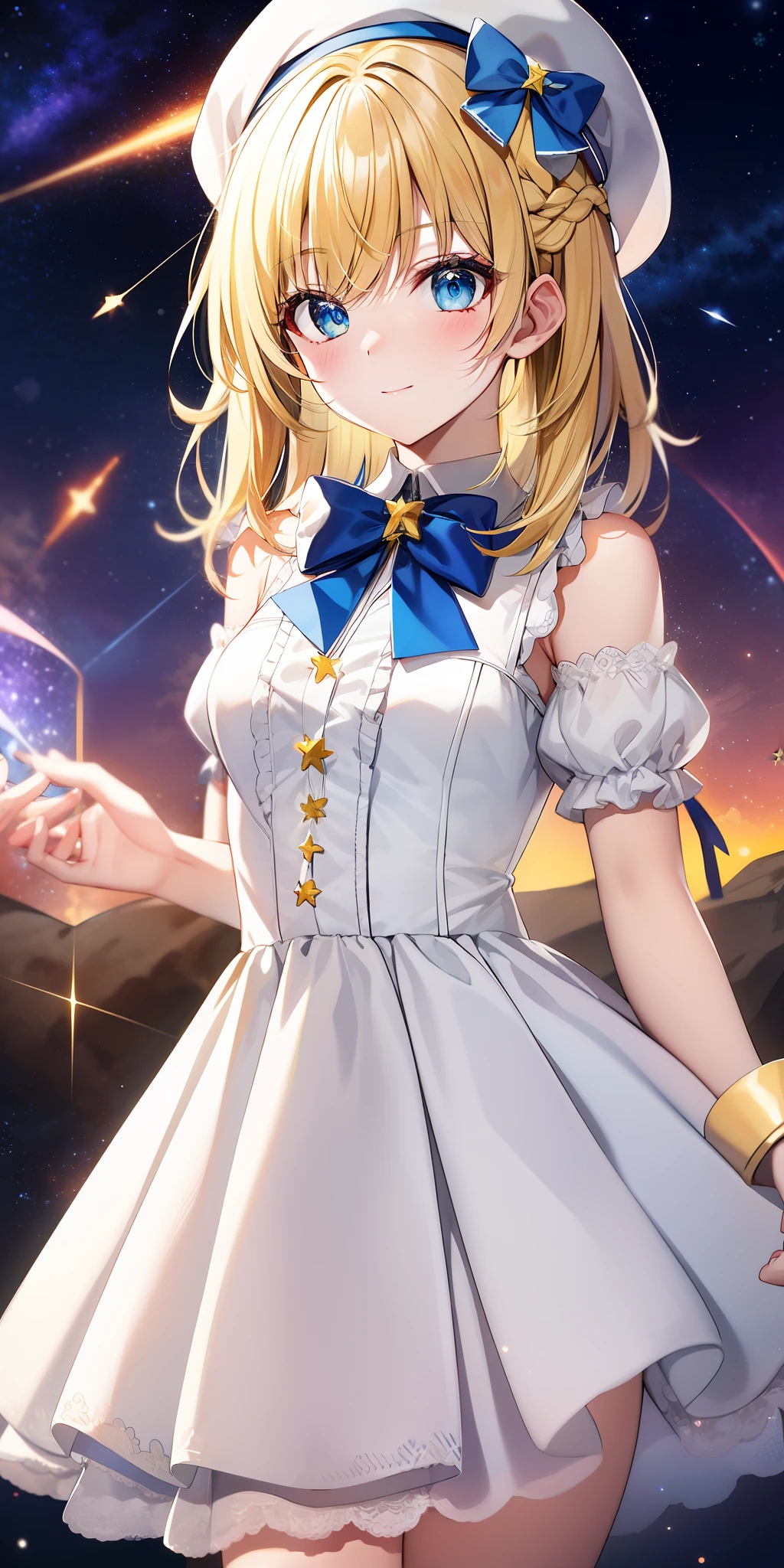 Yellow-haired，white dresses，eBlue eyes，star accessories，Blue bow tie，white beret（It has a blue bow on it），starryskybackground，meteors，4K