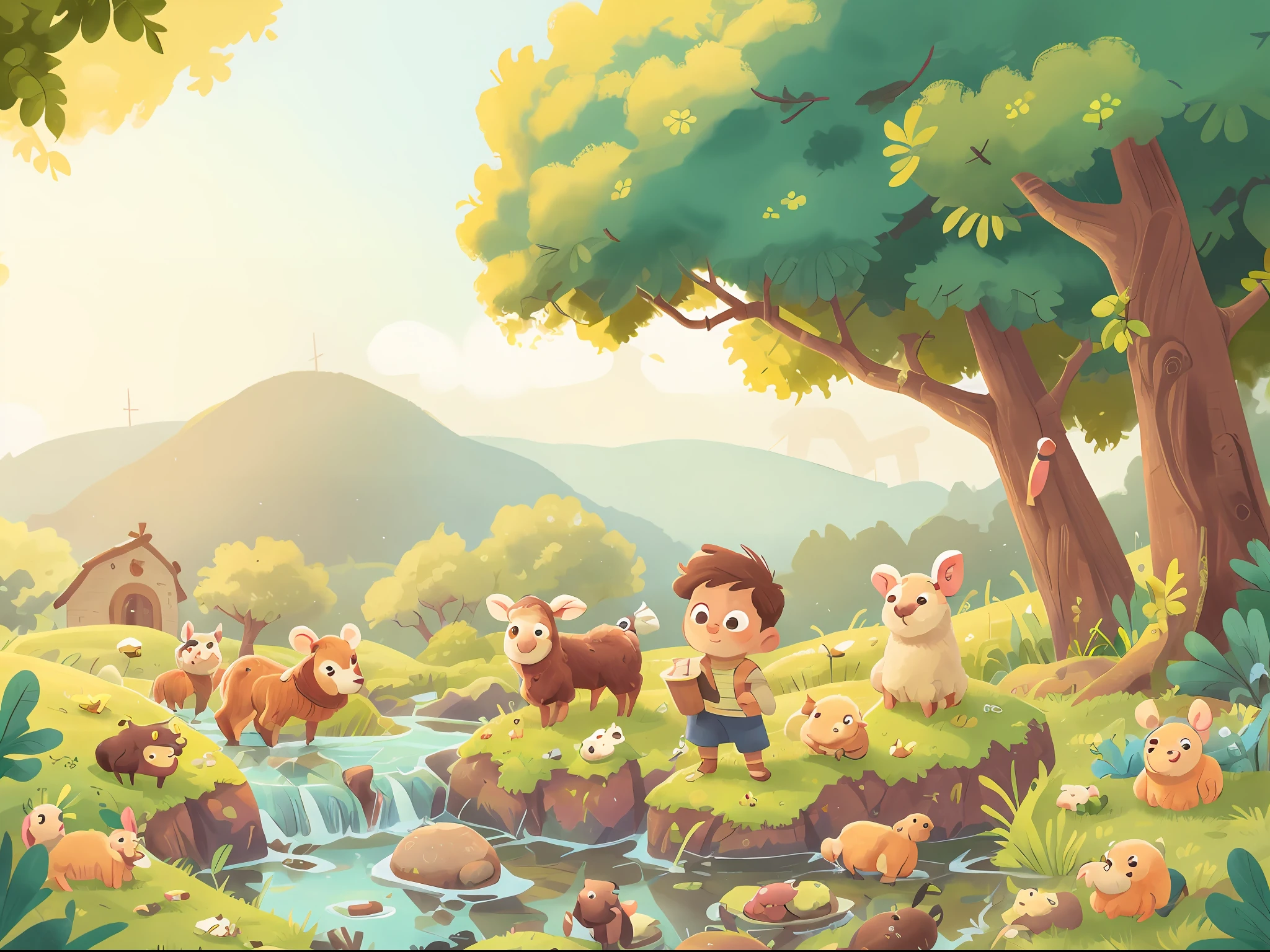 Create a thrilling illustration of the Lost Lamb and his caring shepherd in a picturesque countryside scene. The lamb is described as cute and adorable, with a shy expression, but hopeful. O pastor, retratado como uma figura gentil, is guiding the lost lamb back to safety with a gentle, reassuring presence. Cerque-os de colinas ondulantes, A peaceful creek, e um rebanho de ovelhas contentes pastando nas proximidades. Use o estilo delicado e detalhado de Beatrix Potter