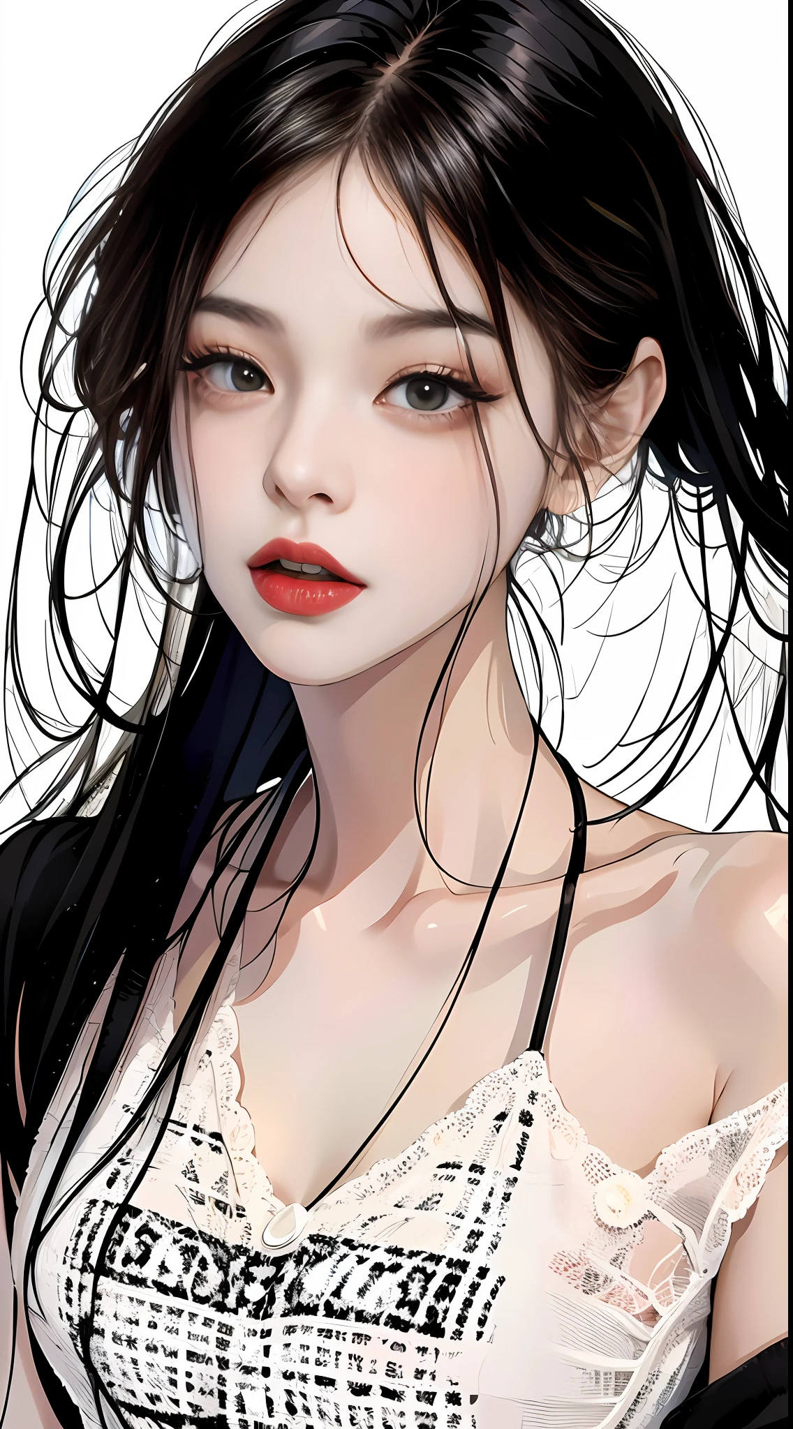 MASTERPIECE,Best),Light effect,superclear, the high,-definition picture, (front face) solo,_Kim Ji-ni Jennie face,black hair,Wear a black T-shirt,Off-bshoulders,front face,ID photo,upper Body,whitebackground