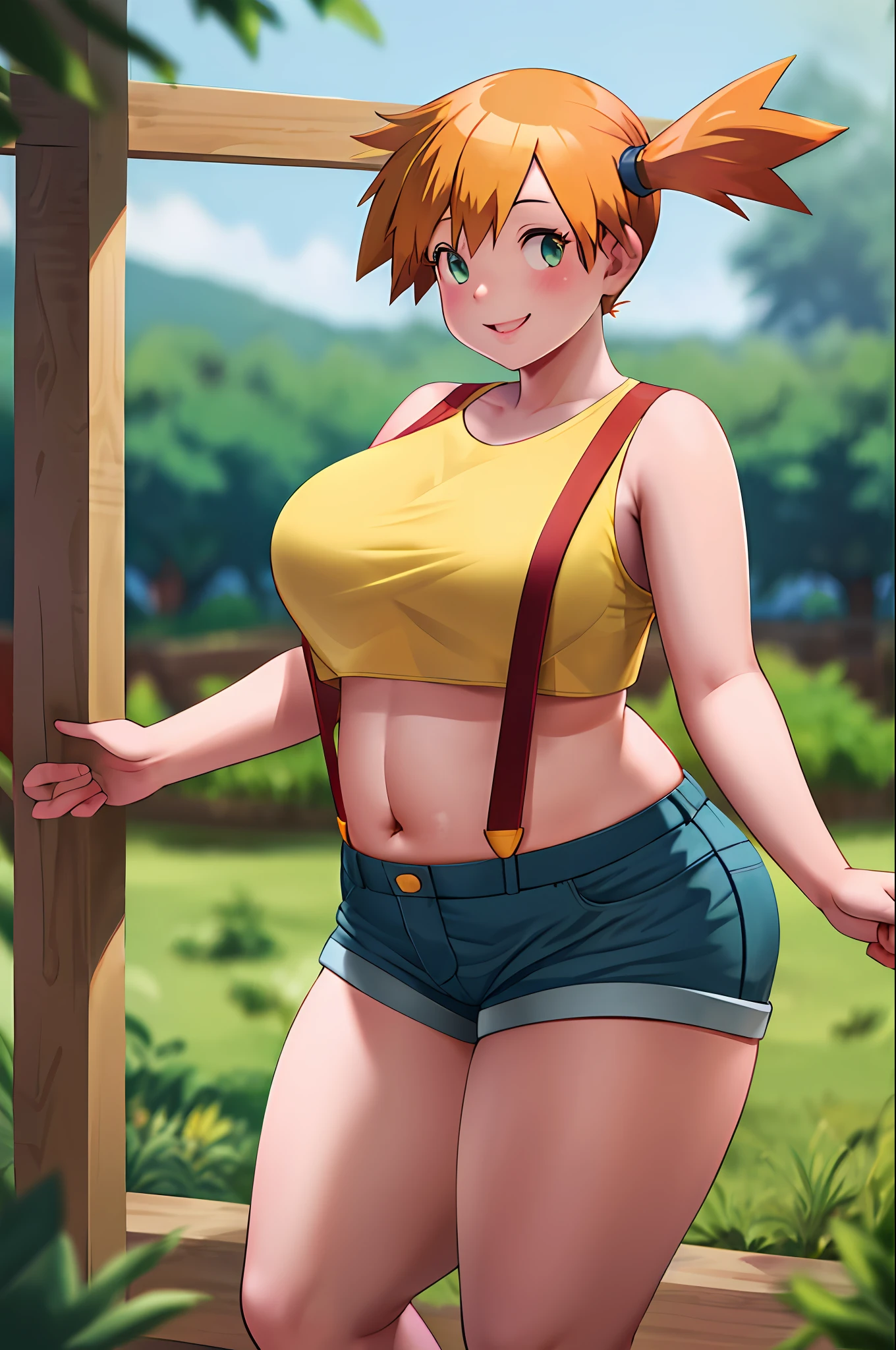 masterpiece, best quality, highres, 1girl, misty (pokemon), orange hair, solo, shorts, suspenders, side ponytail, orange hair, midriff, yellow crop top, navel, short hair, denim, denim shorts, large breasts, smile, cowboy shot, standing, outdoors, overweight, fat, obese, large belly, large thighs