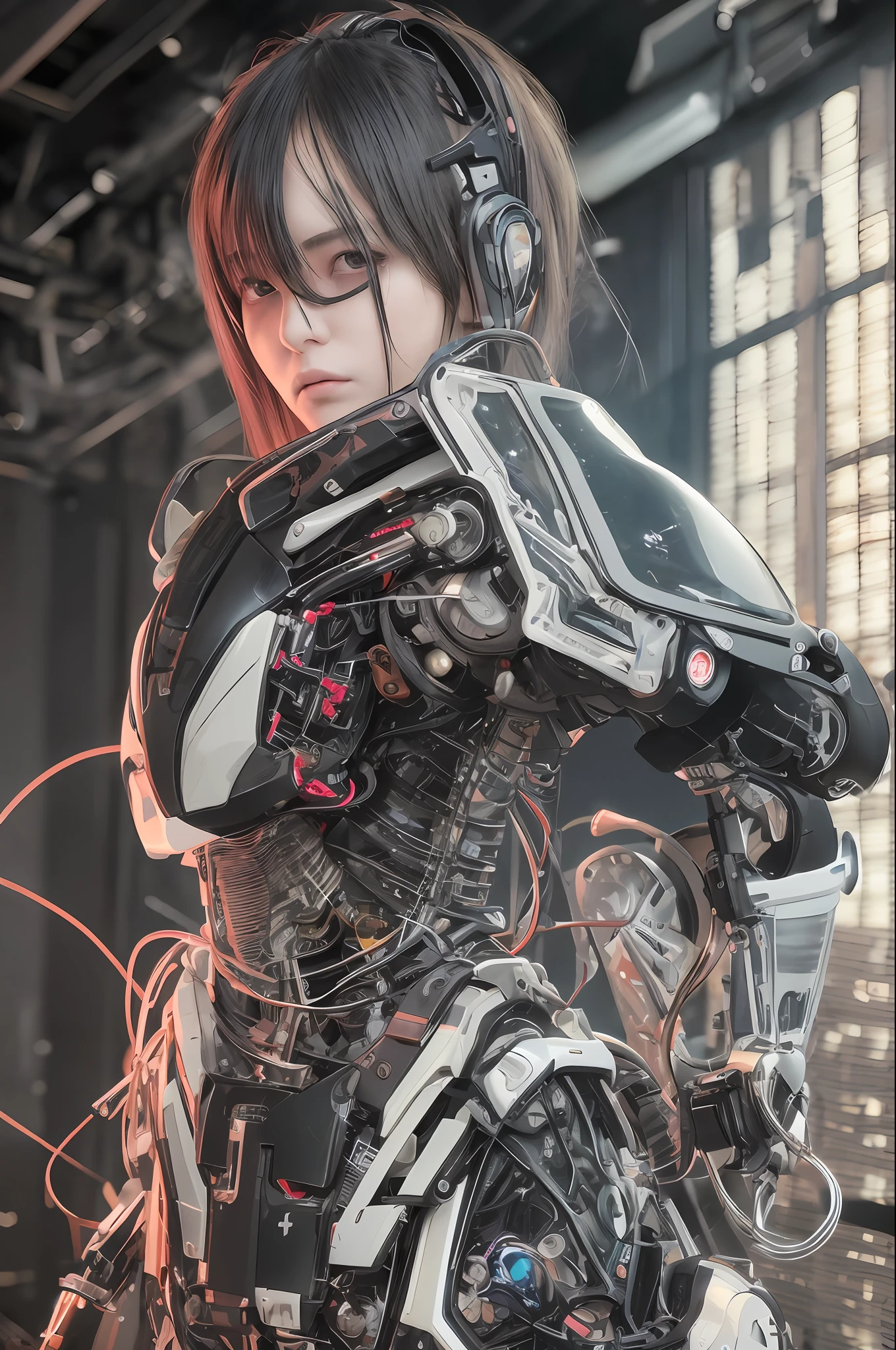 Top Quality, Masterpiece, Ultra High Resolution, (Photorealistic: 1.4), Raw Photo, 1 cyberpunk Girl, Black Hair, Glossy Skin, 1 Mechanical Girl, (Ultra Realistic Detail)), Full body, Global Illumination, Contrast, Shadows, Octane Rendering, 8K, Ultra Sharp, Cleavage Exposed, Raw Skin, Metal, Intricate Ornament Details, Japan Details, Very intricate details, realistic light, CGSoation trend, facing the camera, neon details, mechanical limbs, blood vessels connected to the tube, mechanical vertebrae attached to the back, mechanical cervical attachment to the neck, wires and cables connecting to the head, gundam, small LED lamps.