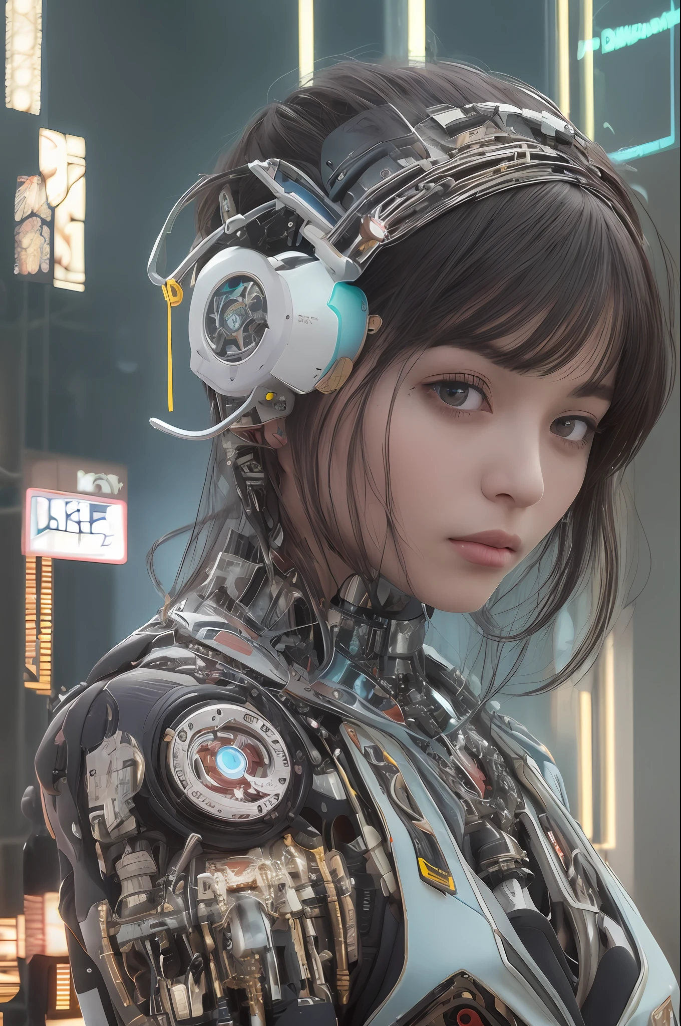 Top Quality, Masterpiece, Ultra High Resolution, (Photorealistic: 1.4), Raw Photo, 1 cyberpunk Girl, Black Hair, Glossy Skin, 1 Mechanical Girl, (Ultra Realistic Detail)), Full body, Global Illumination, Contrast, Shadows, Octane Rendering, 8K, Ultra Sharp, Cleavage Exposed, Raw Skin, Metal, Intricate Ornament Details, Japan Details, Very intricate details, realistic light, CGSoation trend, facing the camera, neon details, mechanical limbs, blood vessels connected to the tube, mechanical vertebrae attached to the back, mechanical cervical attachment to the neck, wires and cables connecting to the head, gundam, small LED lamps.