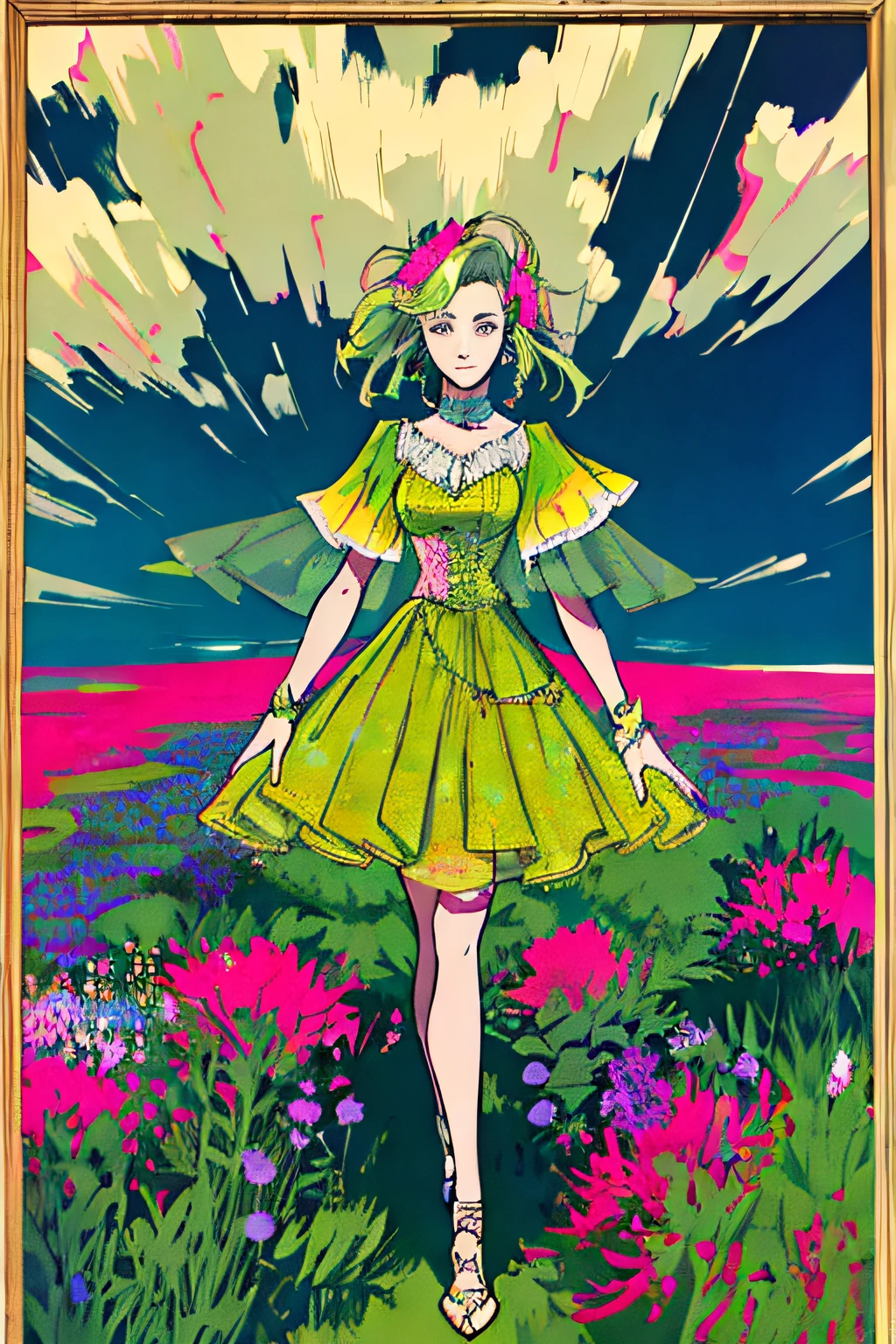 (best quality, masterpiece)
a woman, clouds, southern wildflowers, fashion 90s, muted colors, jewelry, light green and pink and yellow color scheme, monet, intricate details, hyperdetailed, eclectic