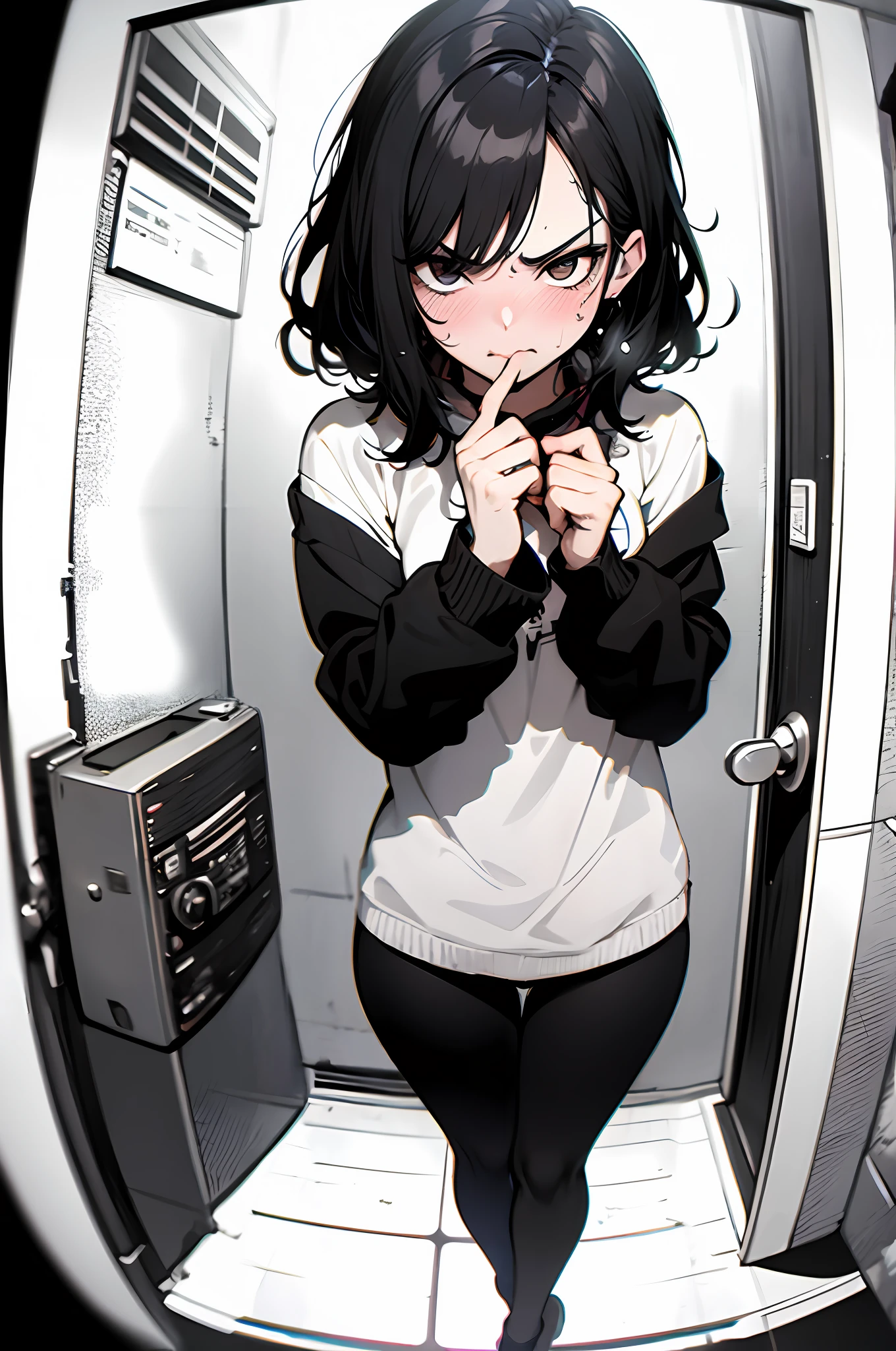 Black leggings, crossed legs, crossing legs, fisheye lens