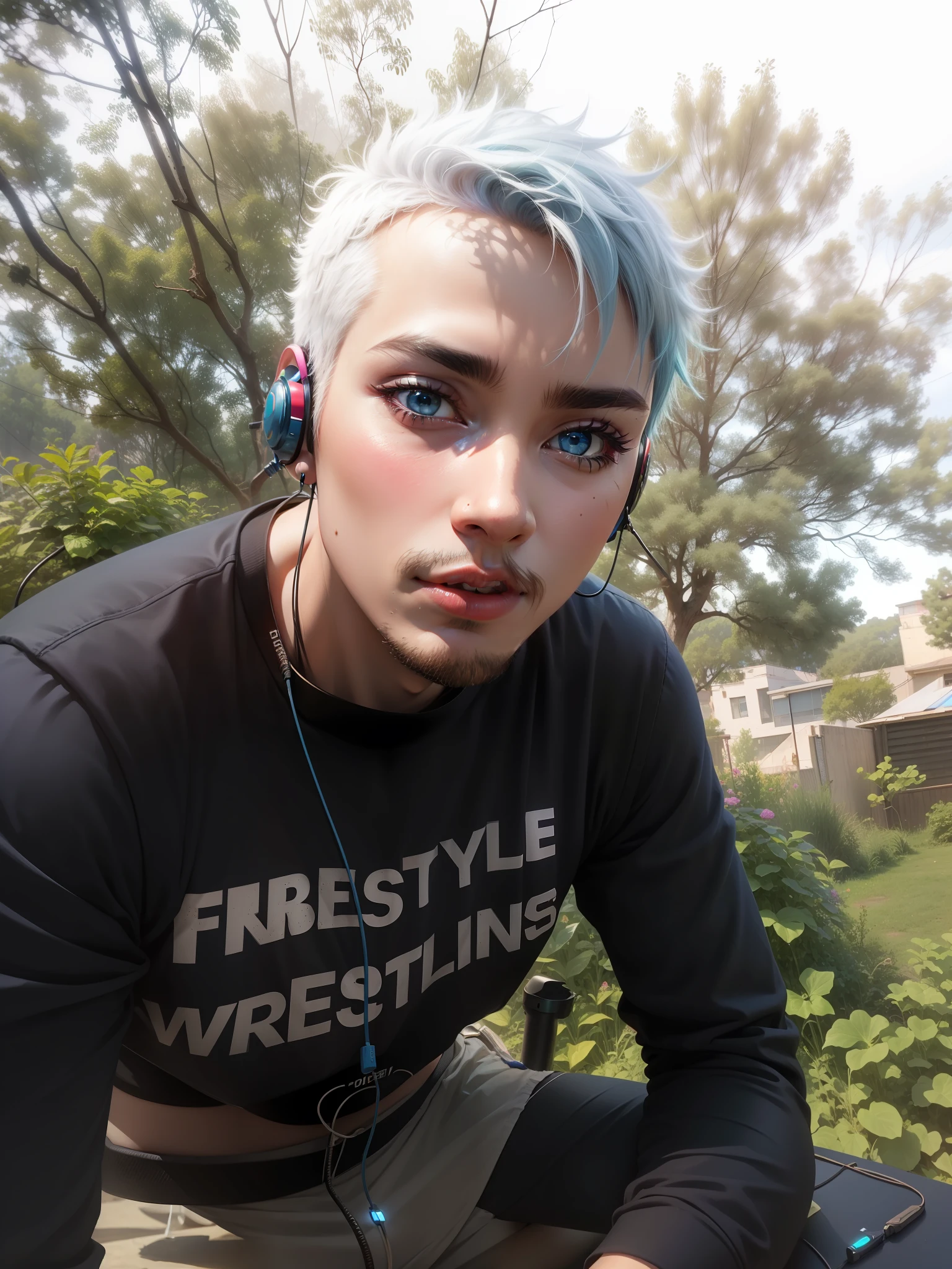 anime short blue hair headphones laser cyber lens in eyes