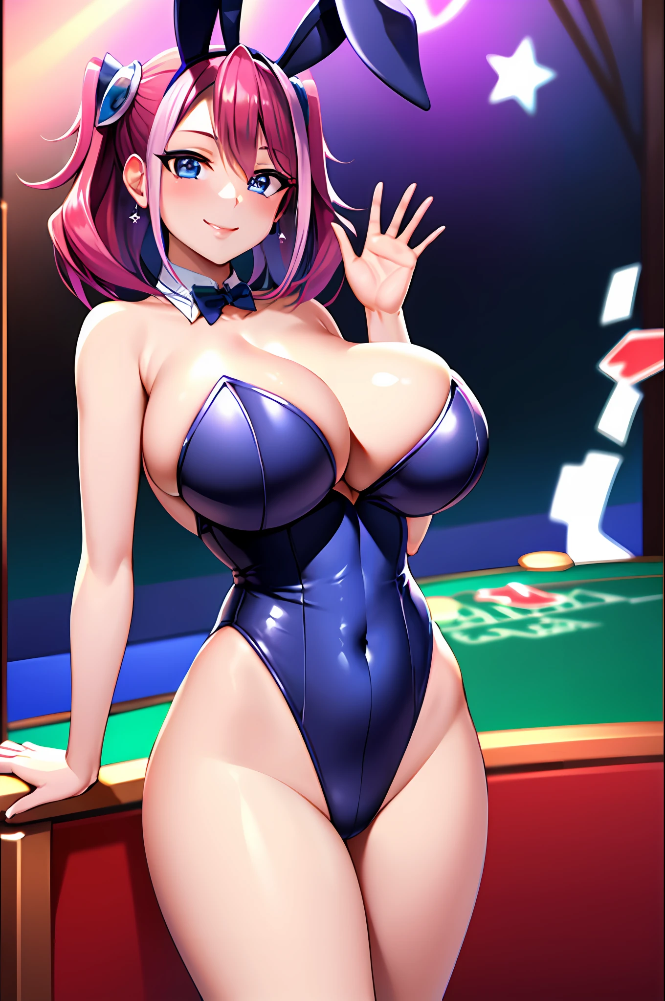 masterpiece, best quality, highres, hy1, hair ornament, multicolored hair, casino, playboy bunny, rabbit ears, smile, waving Large breasts huge breasts