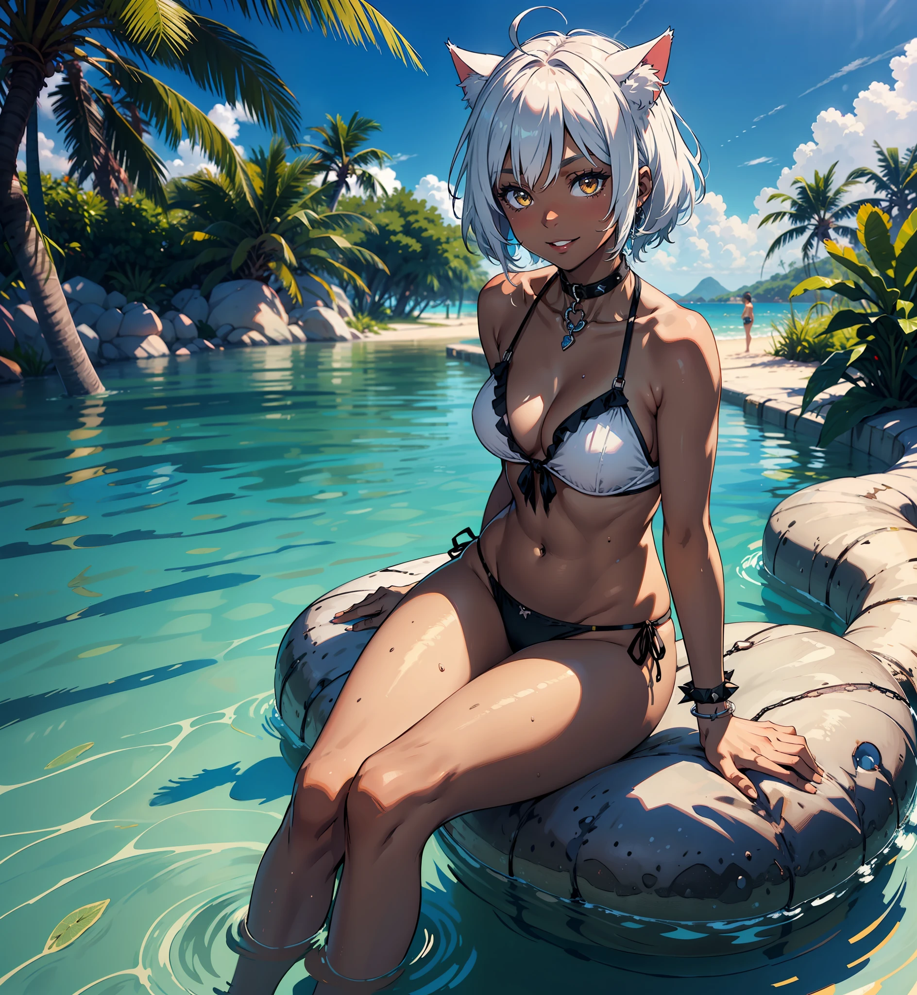 1girl, solo, smile, full body, looking at viewer, ahoge, bangs, spiked bracelet, blush, choker, breasts, chain, small breasts, black choker, collar, gothic, spiked collar, medium hair, collarbone, cat girl, white hair, wavy hair, cat ears, animal ear fluff, ((cat tail)), white tail, yellow eyes, female focus, detailed eyes, beautiful eyes, architecture, swimsuit, bikini, beach, outdoors, cleavage, solo, frilled bikini, tree, navel, sitting, ocean, smile, black bikini, sky, frills, day, palm tree, cloud, water, blue sky, summer, jewelry, cowboy shot body, sand, thighs, petals, halterneck, front-tie bikini top, front-tie top, solo focus, bare shoulders, feet out of frame, hands on own thighs, ((dark-skinned female:1.2)), ((dark skin:1.2)), parted lips, thick thighs, partially submerged, plump