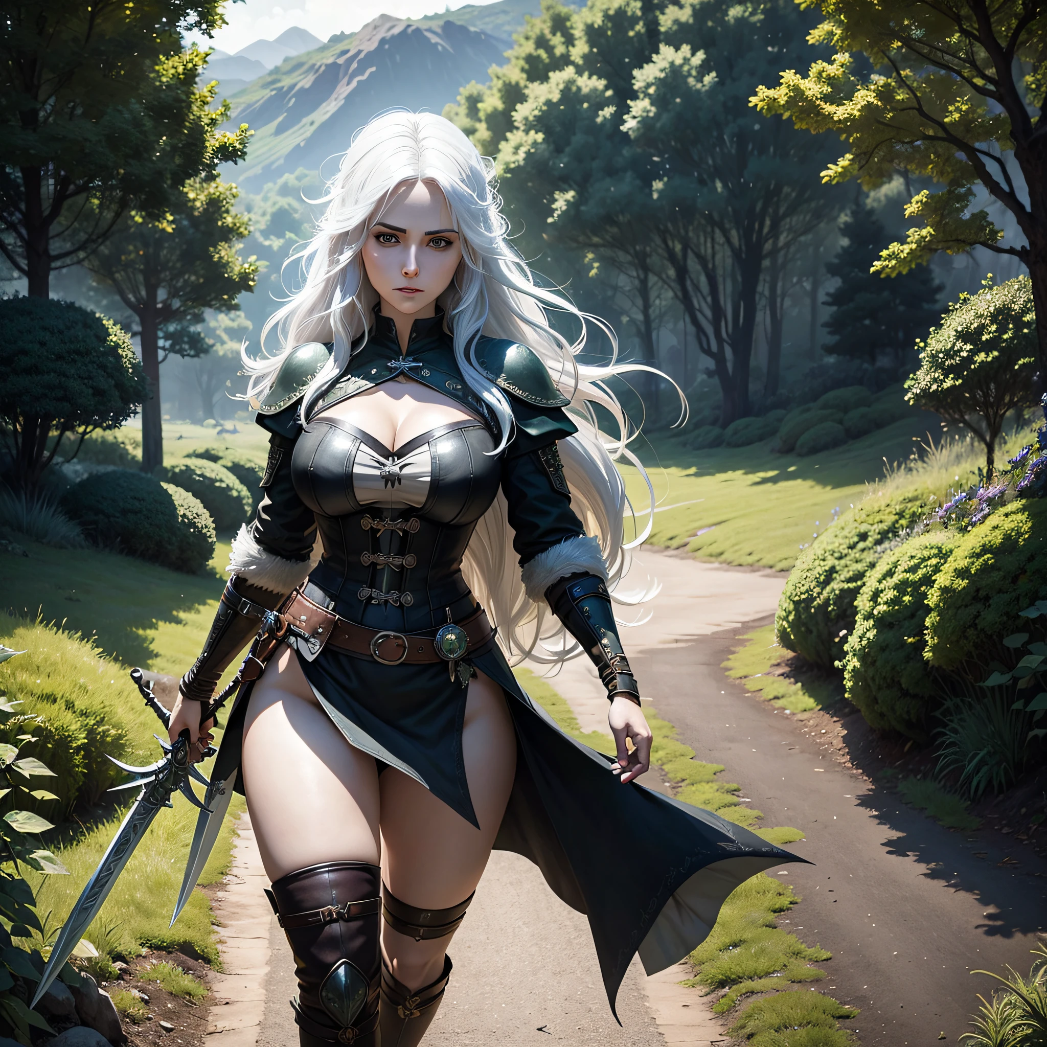 anime fantasy style,Full body, big tits, ciri of the witcher série from Netflix WITH a long and white hair,WITH Green eyes, holding a iron sword,WITH Black sky in the background,8k resolution,hdr11+ --auto