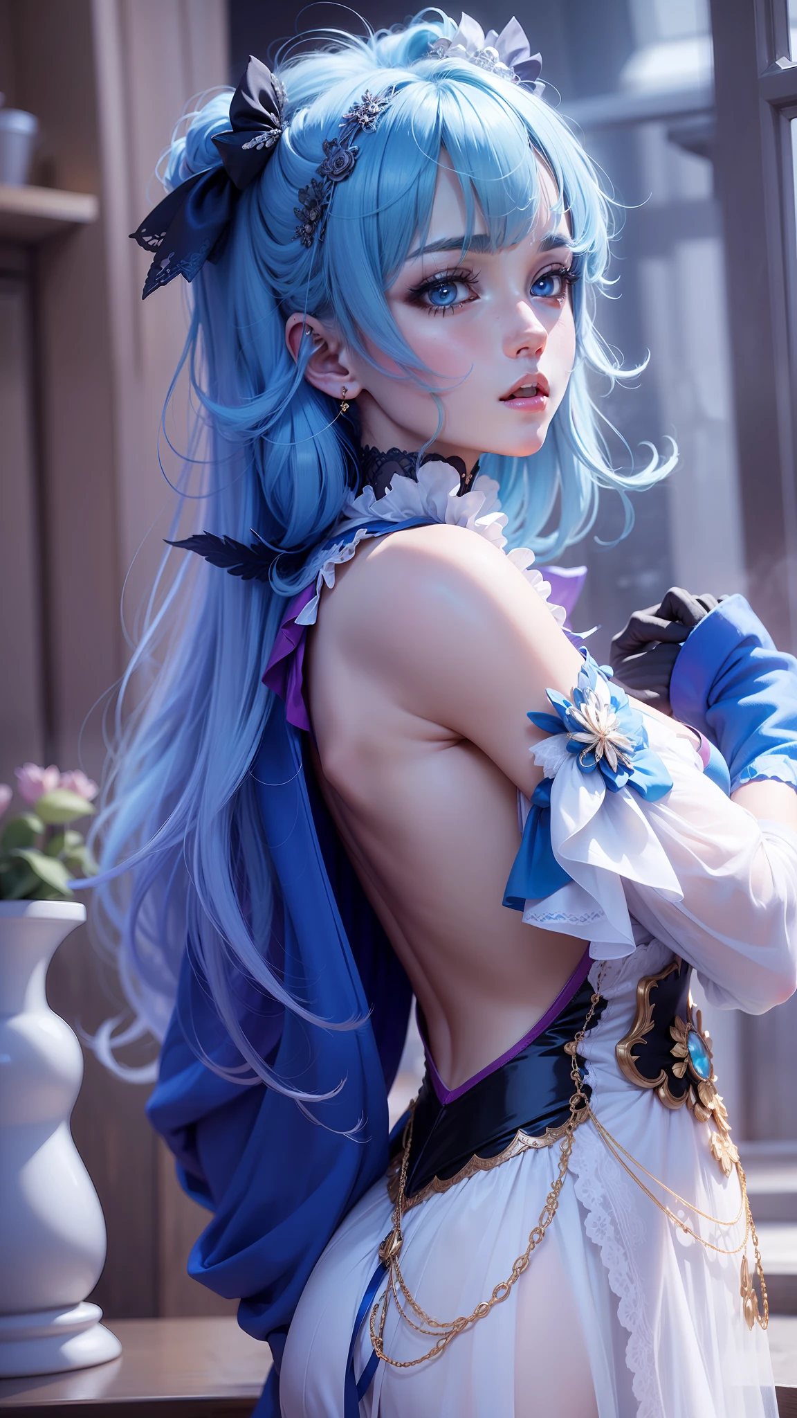 a beauty girl，blue hairs，anime big breast，Advancedsense，delicated
