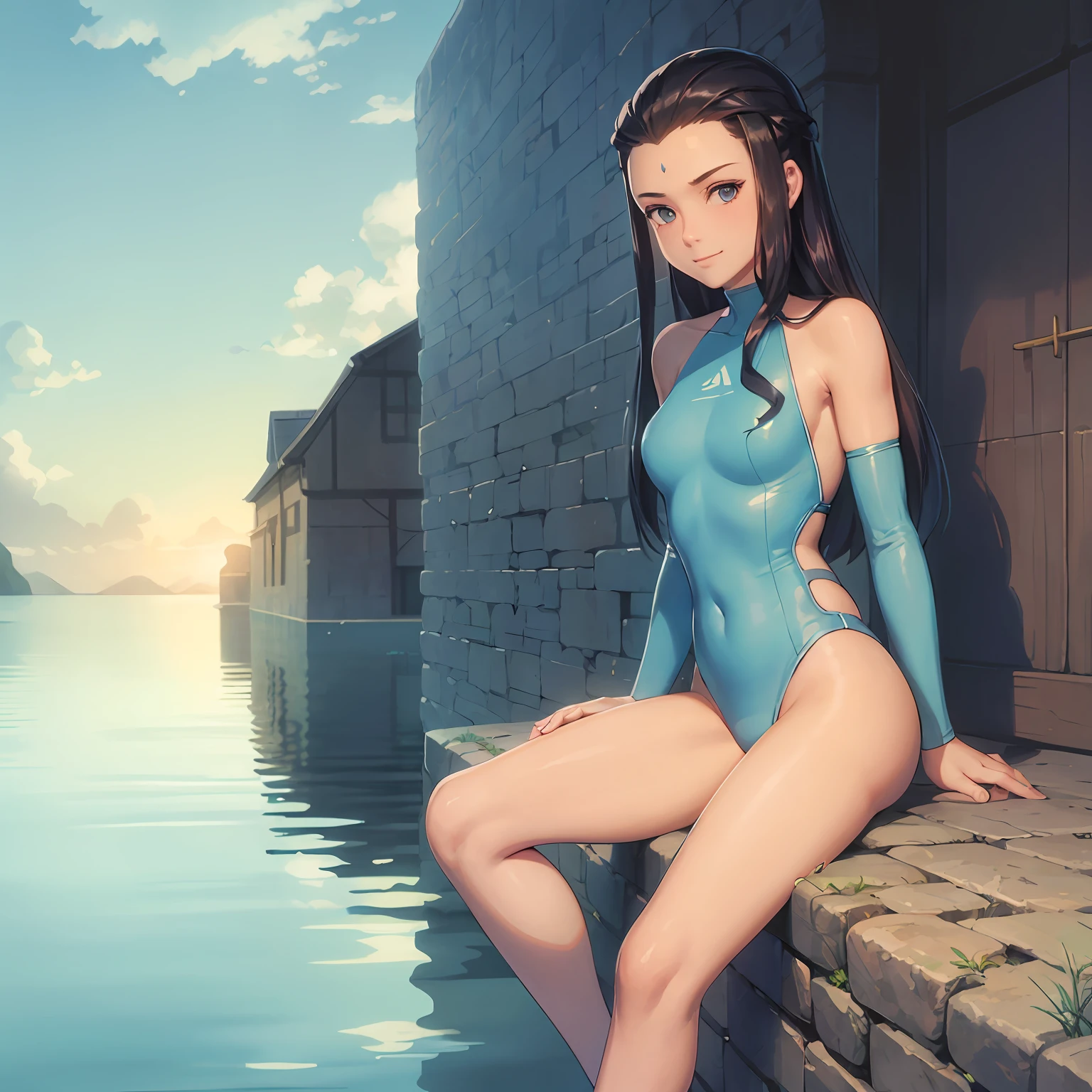 Katara, personagem de Avatar A Lenda de Aang, wearing a swimsuit glued to the body with plugsuit style, being hugged from behind by her brother Sokka. Objects in the scenario: water, praia, clouded skies. enquadramento: plano aberto, Scenic. Uplighting: indireta, But the sun is about to go down, sorrindo um para o outro. --auto