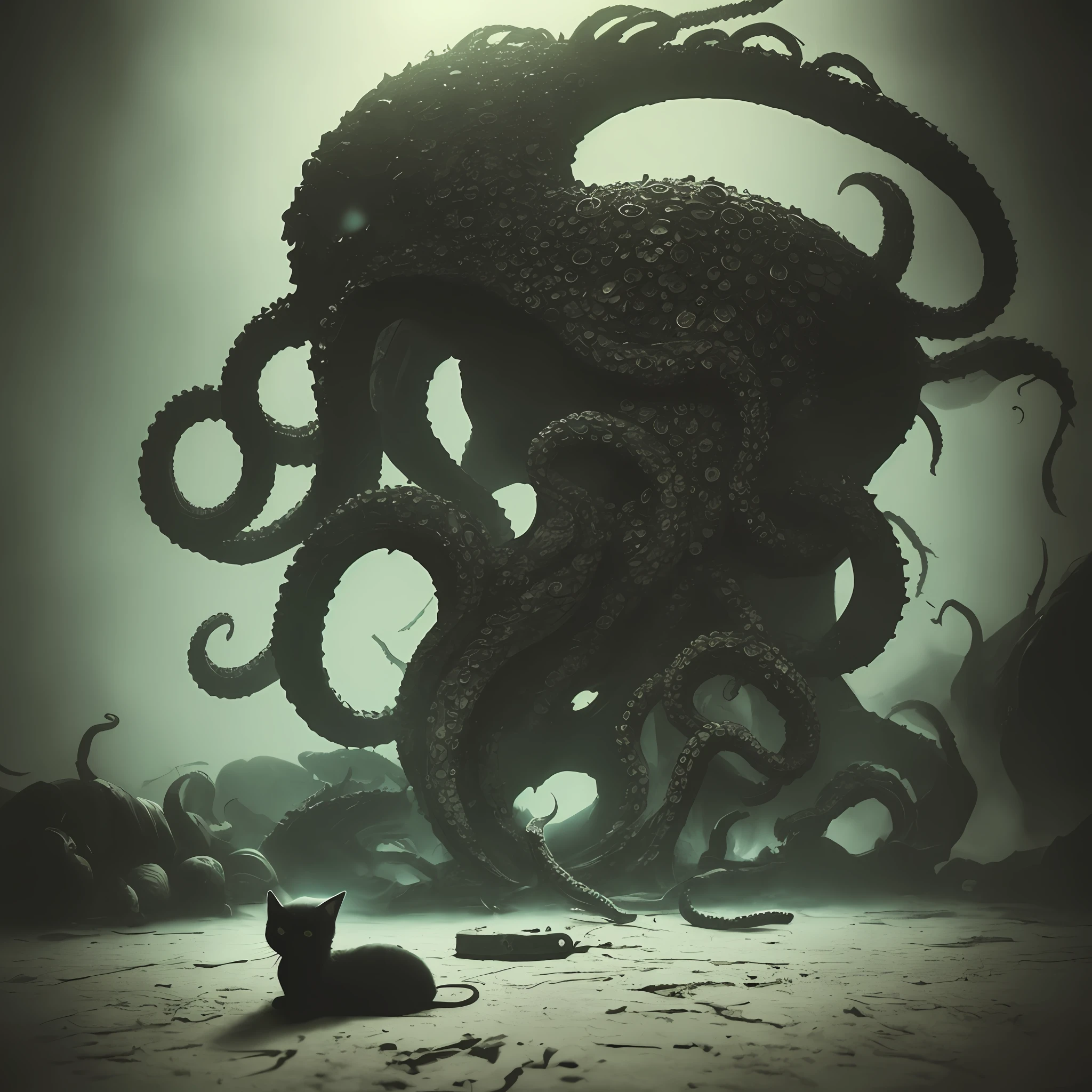 (mysterious, dark, and creepy) Lovecraftian horror, elder god Cthulhu, supernatural, tentacles, (an adorable) kitten playing, vintage film grain, (eerie and chilling) blue lighting, (menacing) shadows