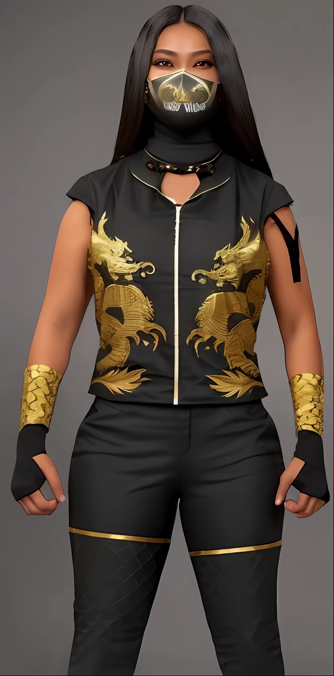 Une femme en tenue noir et or avec un masque, Dragon - inspired costume, inspired by Yang Jin, Costume de Tai, Snake-faced female guard, Detailed upper body, inspired by Wu Li, in the style of sifu 🔥 😎 🕹️ 👀 :2, gilded black uniform, Karate outfit, Tenue complexe, Avatar du haut du corps, lunar themed attire