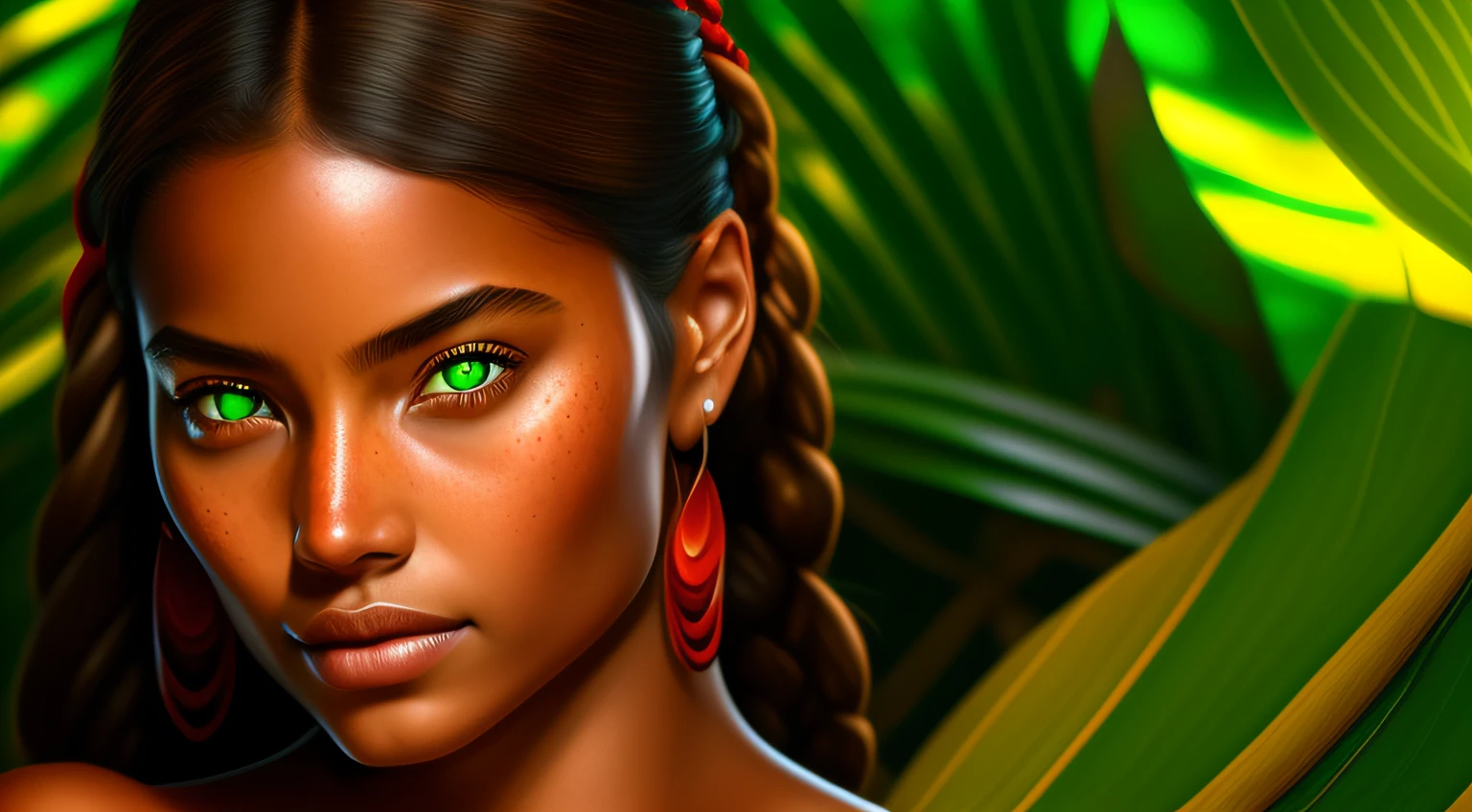 Inca girl with big breasts, sexy, green eyes, red top, in the Peruvian jungle, snakes, water, Sun light, digital painting, gorgeous face, beautiful realistic face, ultra realistic digital art, ultra-realistic digital art --auto