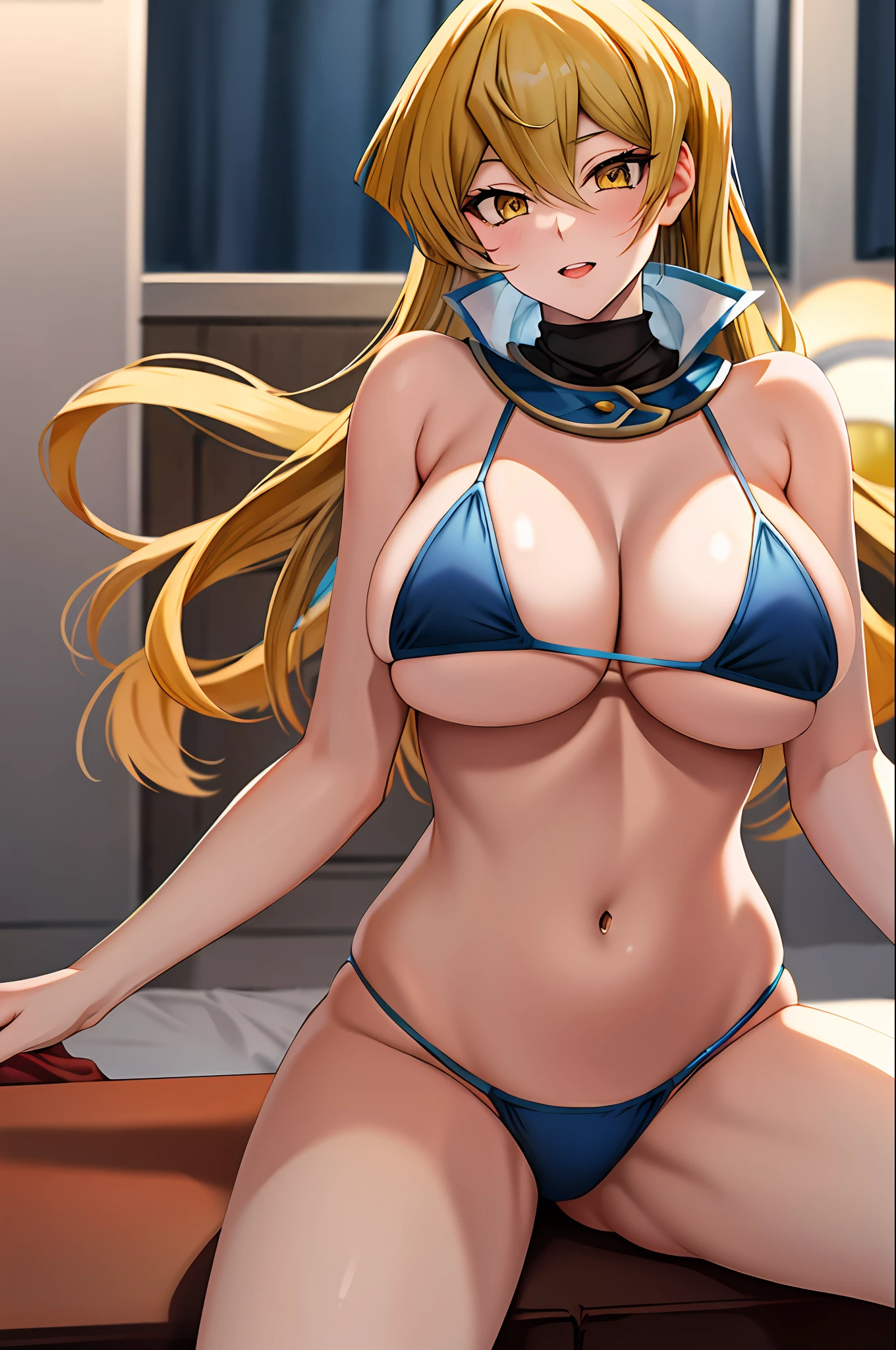 masterpiece, best quality, highres, ta1, large breasts, Bikini blonde hair yellow eyes Alexis Rhodes Yu-Gi-Oh Asuka Bikini huge breasts