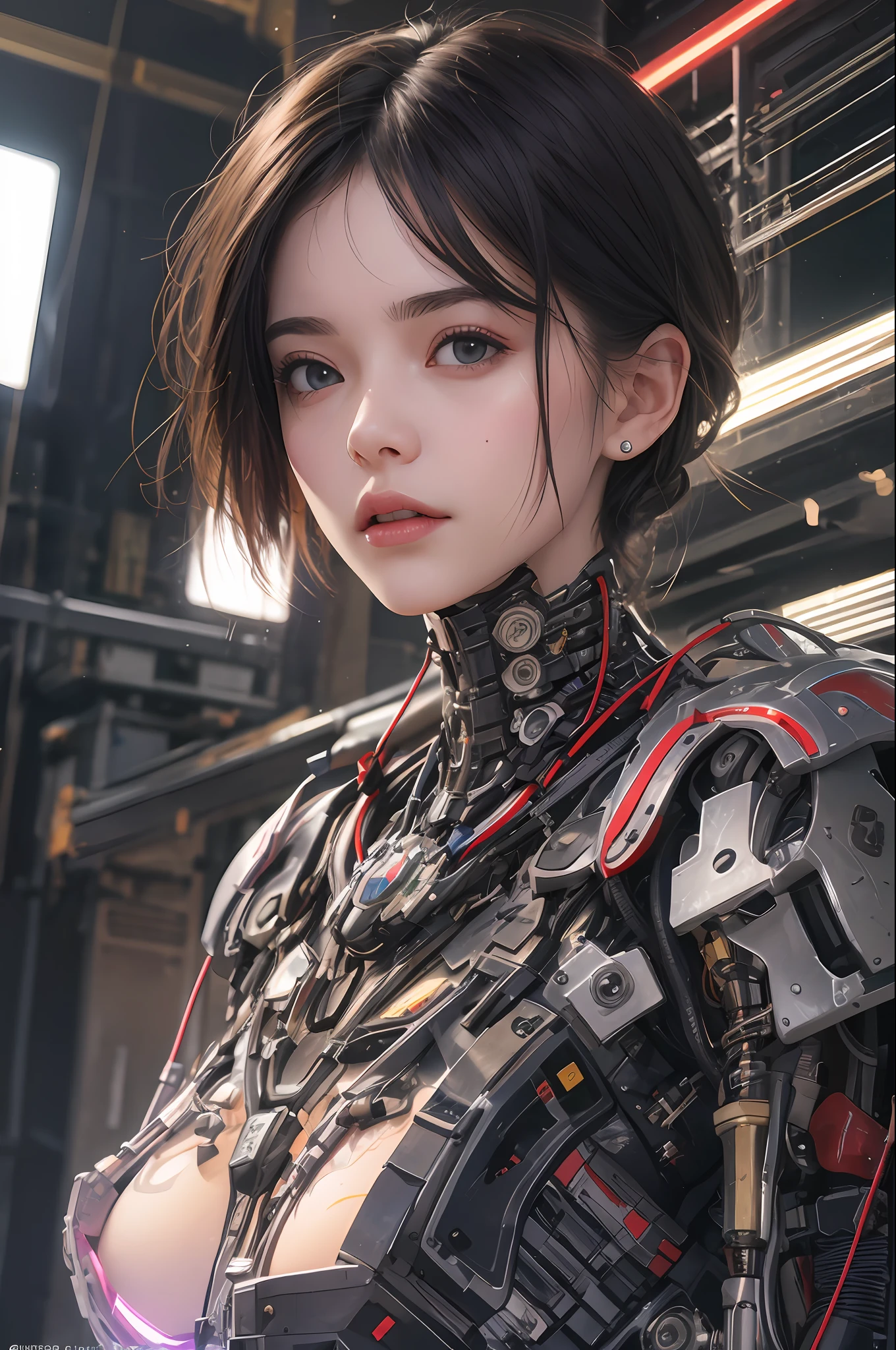 Top Quality, Masterpiece, Ultra High Resolution, (Photorealistic: 1.4), Raw Photo, 1 cyberpunk Girl, Black Hair, Glossy Skin, 1 Mechanical Girl, (Ultra Realistic Detail)), Full body, Global Illumination, Contrast, Shadows, Octane Rendering, 8K, Ultra Sharp, Cleavage Exposed, Raw Skin, Metal, Intricate Ornament Details, Japan Details, Very intricate details, realistic light, CGSoation trend, facing the camera, neon details, mechanical limbs, blood vessels connected to the tube, mechanical vertebrae attached to the back, mechanical cervical attachment to the neck, wires and cables connecting to the head, gundam, small LED lamps.