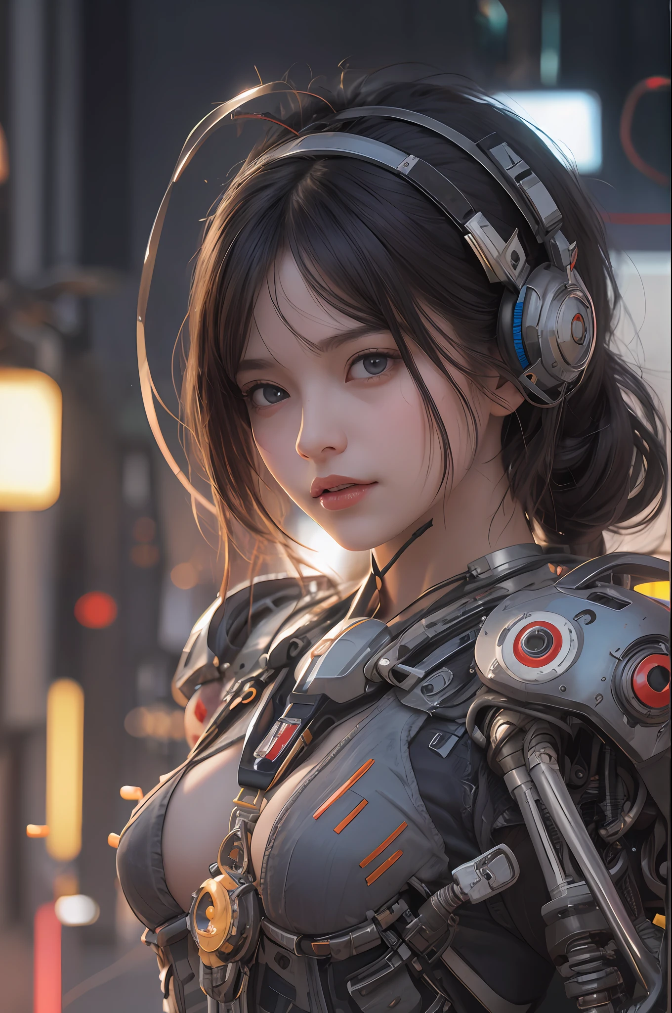 Top Quality, Masterpiece, Ultra High Resolution, (Photorealistic: 1.4), Raw Photo, 1 cyberpunk Girl, Black Hair, Glossy Skin, 1 Mechanical Girl, (Ultra Realistic Detail)), Full body, Global Illumination, Contrast, Shadows, Octane Rendering, 8K, Ultra Sharp, Cleavage Exposed, Raw Skin, Metal, Intricate Ornament Details, Japan Details, Very intricate details, realistic light, CGSoation trend, facing the camera, neon details, mechanical limbs, blood vessels connected to the tube, mechanical vertebrae attached to the back, mechanical cervical attachment to the neck, wires and cables connecting to the head, gundam, small LED lamps.
