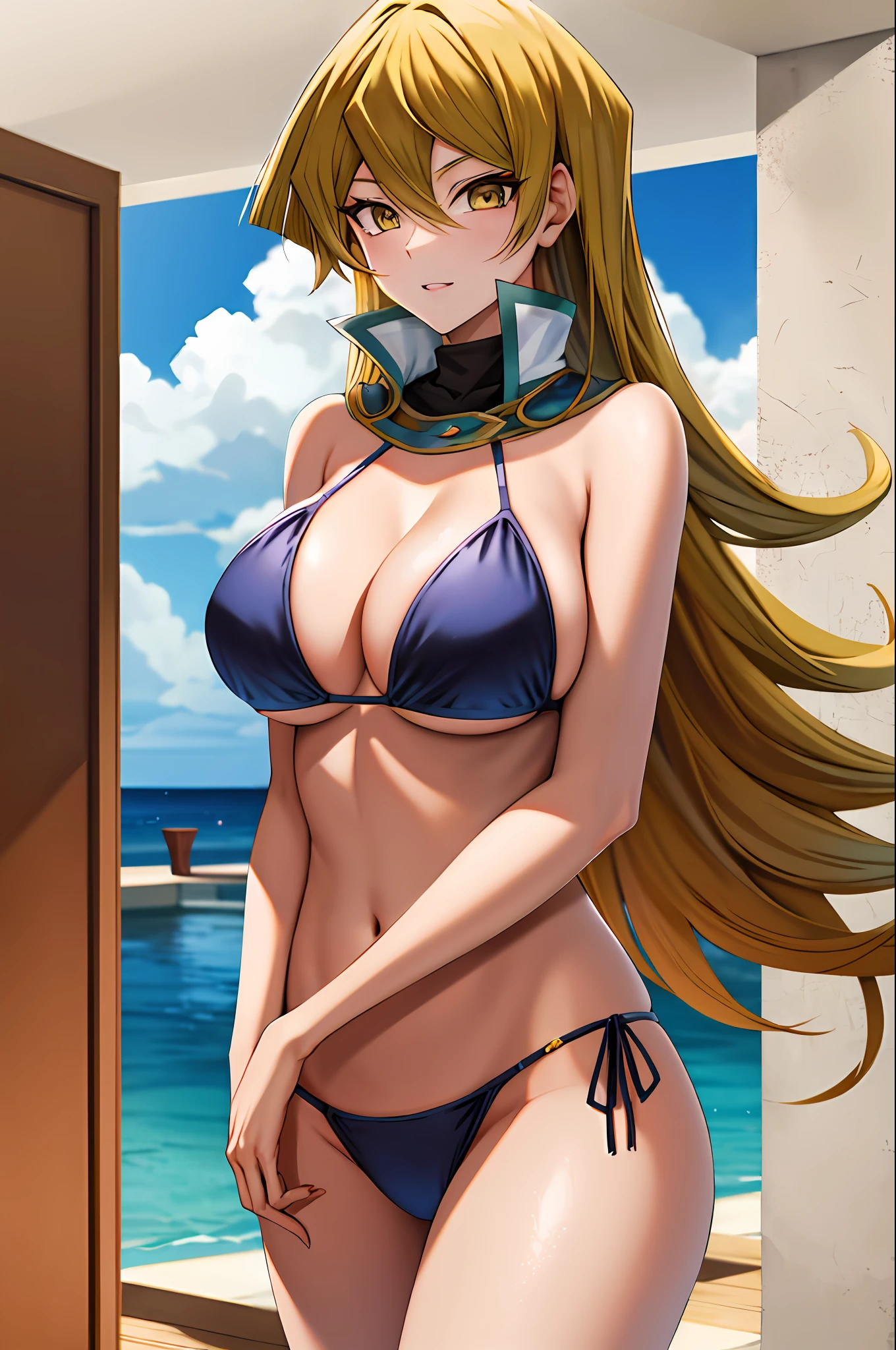 masterpiece, best quality, highres, ta1, large breasts, Bikini blonde hair yellow eyes Alexis Rhodes Yu-Gi-Oh Asuka Bikini huge breasts