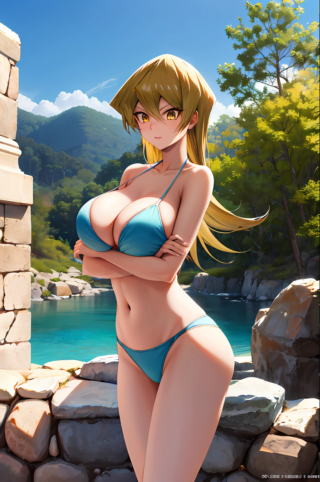 masterpiece, best quality, highres, ta1, large breasts, Bikini blonde hair yellow eyes Alexis Rhodes Yu-Gi-Oh Asuka Bikini huge breasts