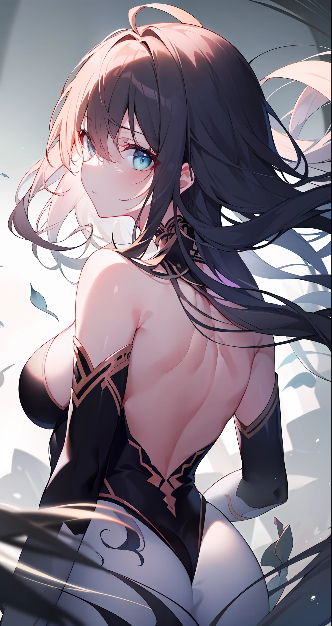 (masterpiece), (best quality),highres, ultra detailed, professional lighting, portrait, eyes focus, close up, upper body from behind, , hair covering eye, shaded eyes, bare back, side boobs, from rear, from behind,air blowing hair, light colour hair