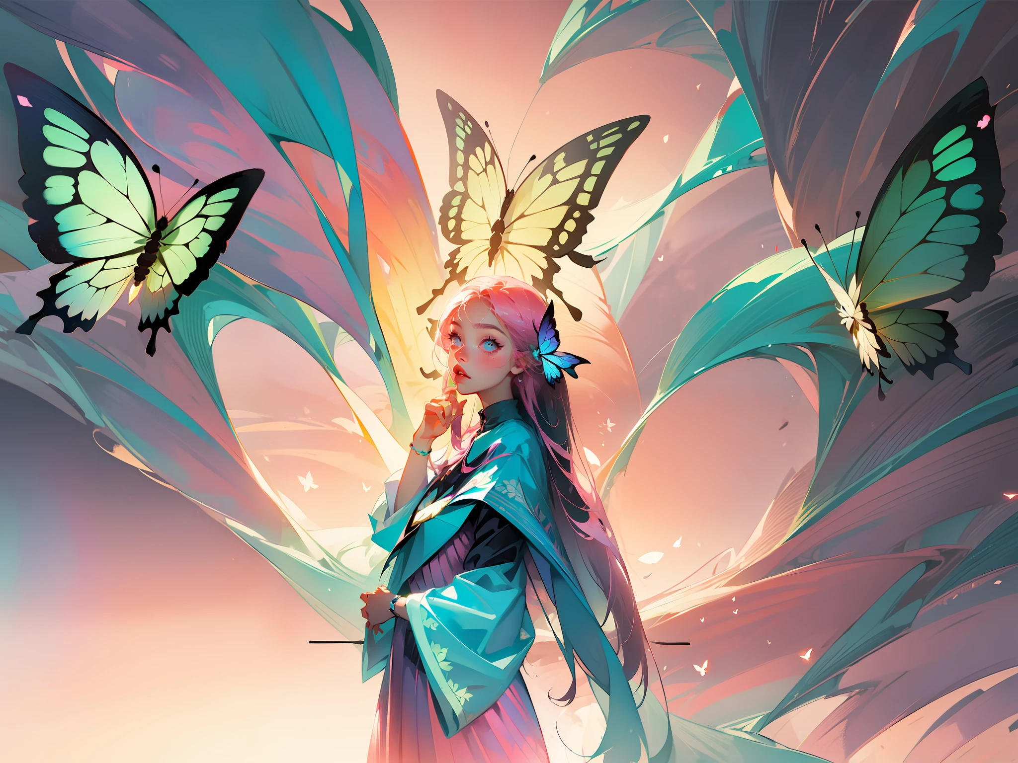 ((masterpiece)),(((best quality))),illustration,1 girl,long hair,hair on eyes, colorfull hair,beautiful eyes,environment Scene change, pose too, pink color palette, neon colors, female butterfly, butterfly antennae, holds a crosier, charturnbetalora, 8k,16k