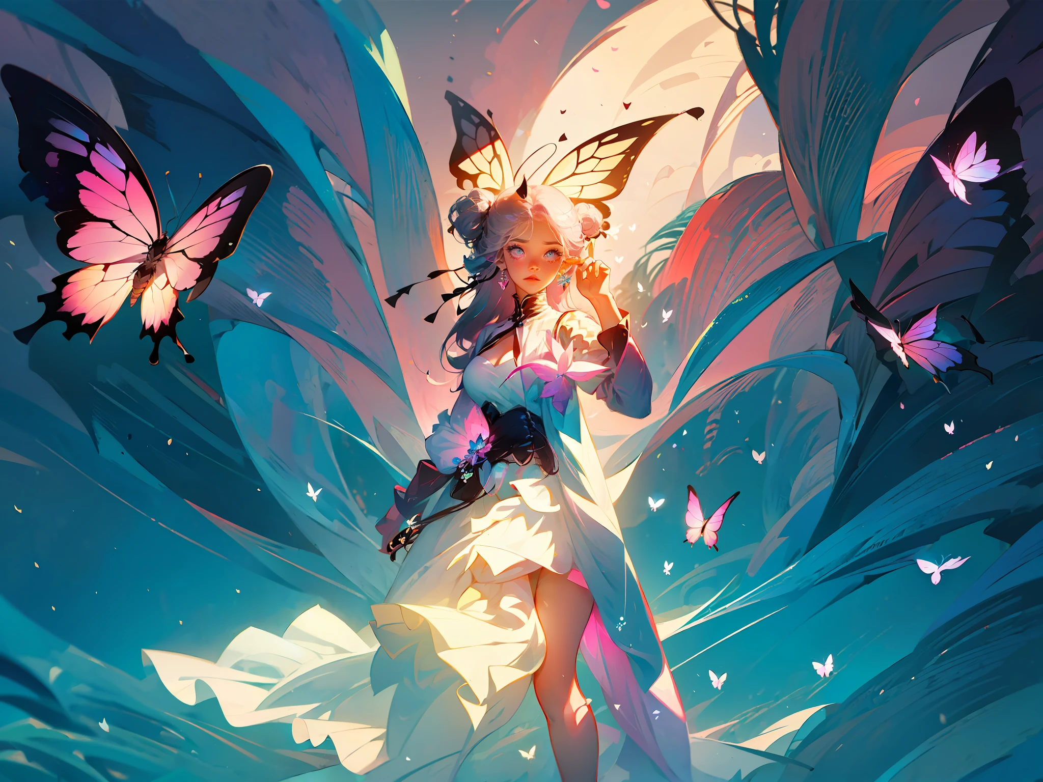 ((masterpiece)),(((best quality))),illustration,1 girl,long hair,hair on eyes, colorfull hair,beautiful eyes,environment Scene change, pose too, pink color palette, neon colors, female butterfly, butterfly antennae, holds a crosier, charturnbetalora, 8k,16k