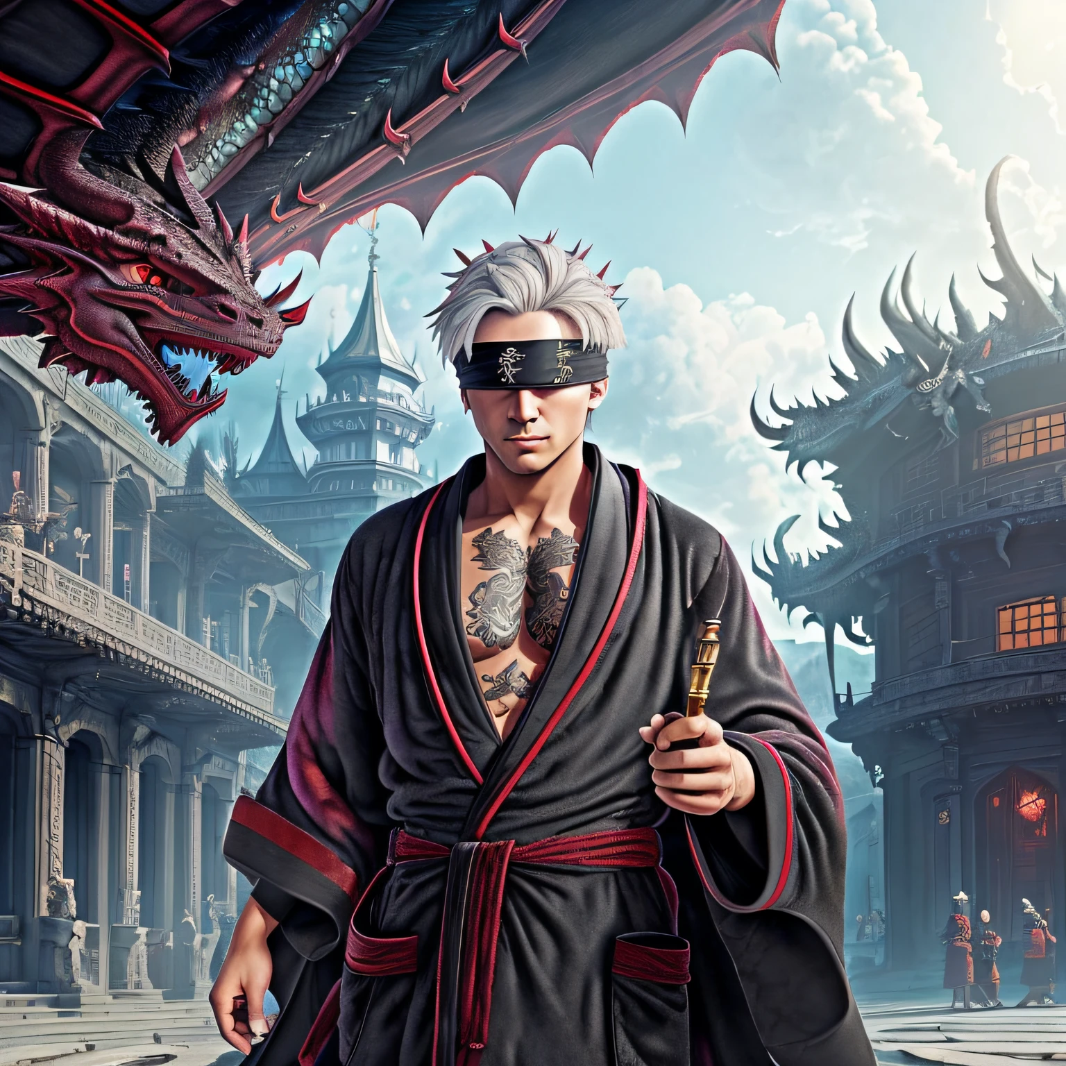 Blindfolded man,fansty world,coliseum background,Clean design,Epic Instagram,art stations,,contours,Hyper-detailed intricate details,unreal-engine,fanciful,Complicated details,splash image,complementary colours,fantasy concept art,8K分辨率,A masterpiece of deviantart,oil painted,Heavy strokes,paint drips,,Rainbow skins,(((A handsome young))), ((Teenage:1.5)), (Glowing red eyes), ((Eyes have light)),((((Short gray hair:1.1))), ((black-clad)), (prinz\\(Indifferent expression\\),, (((Wear a luxurious dragon robe with high details))), A head of white hair,(chest muscle)(There is a red flame tattoo on the neck) --auto --v 6