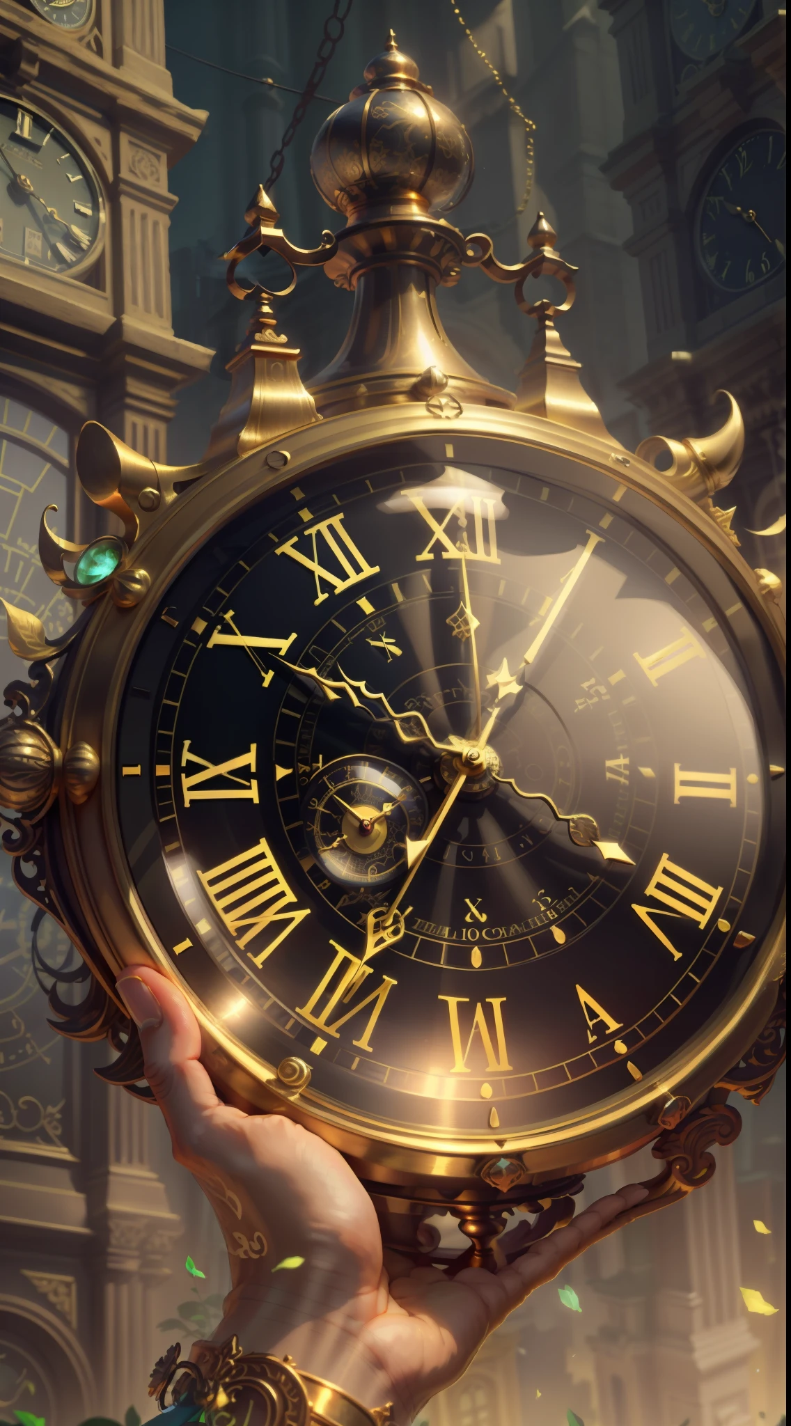 Photo of a large hand holding an antique gold watch, A mini city under the clock, magia-fantasia-florta, Arte Digital, most amazing art in the world, ((Sem humanos)), light volumetric, cores suaves equilibradas, Florta Scenery, videiras, UHD, render de octanas 8k, Magia, Awesome, Ethereal, intrincado, design intrincado, Ultra sharp, Sombras, cores mais frias, trend in CGSociety, ((melhor qualidade)), ((obra-prima)), (detalhado), antique clock