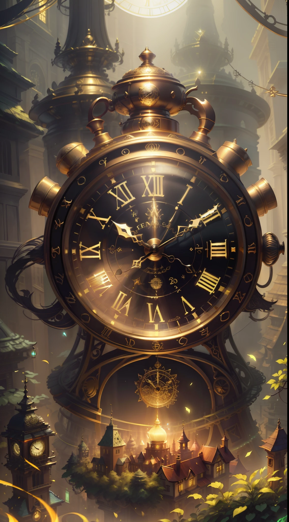 Photo of a large hand holding an antique gold watch, A mini city under the clock, magia-fantasia-florta, Arte Digital, most amazing art in the world, ((Sem humanos)), light volumetric, cores suaves equilibradas, Florta Scenery, videiras, UHD, render de octanas 8k, Magia, Awesome, Ethereal, intrincado, design intrincado, Ultra sharp, Sombras, cores mais frias, trend in CGSociety, ((melhor qualidade)), ((obra-prima)), (detalhado), antique clock