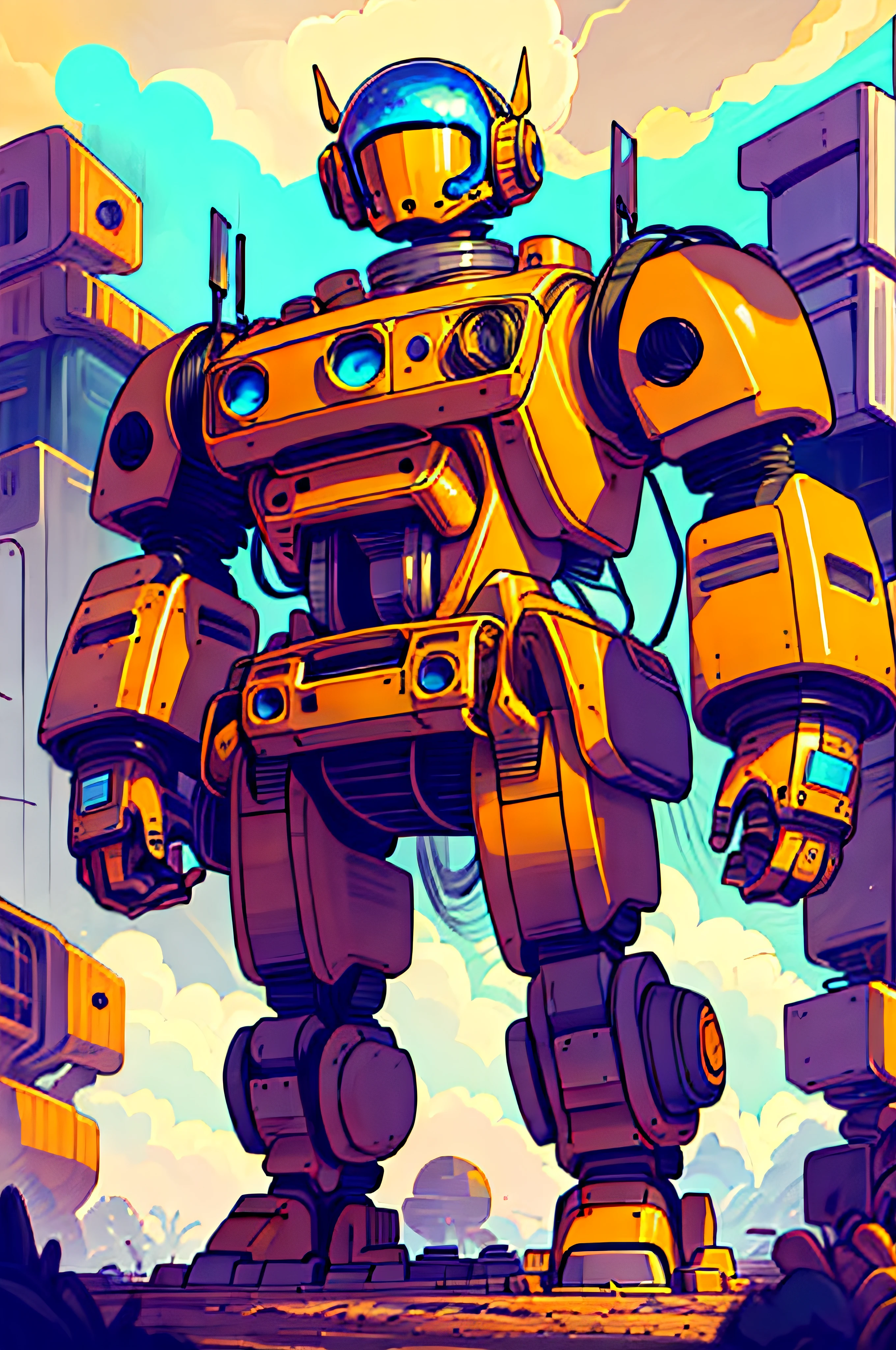 goofy popped color, pop art,robot, mecha, no humans, solo, radio antenna, science fiction, star (sky), no text