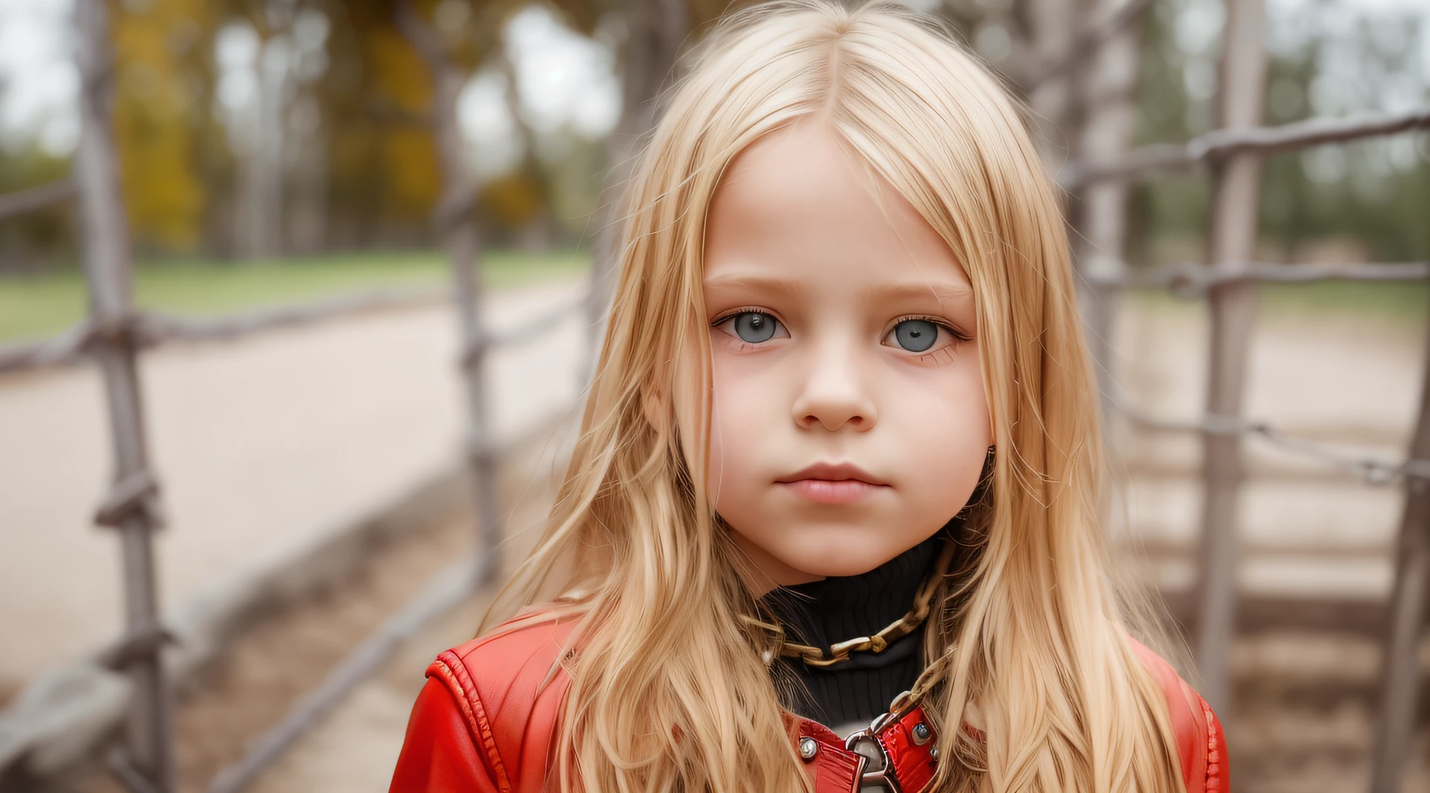 girl Russian child with hair BLONDE WITH RED LEATHER JACKET, PORTRAIT, CHAINS, MANY CHAINS, RED CHAINS, CHAINS.