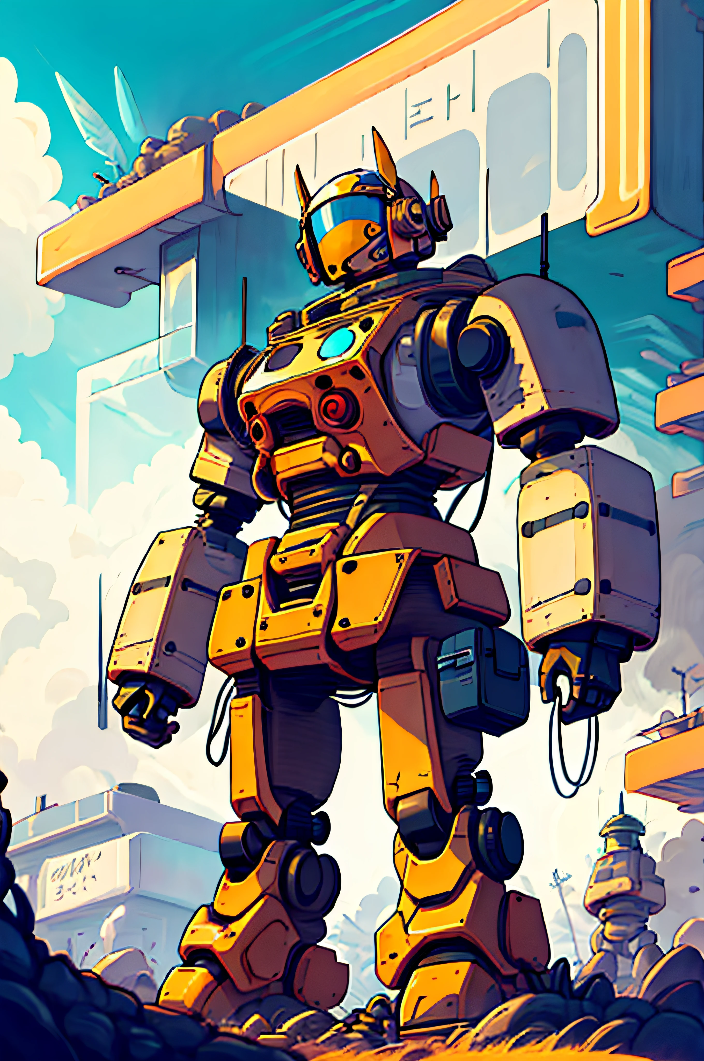 goofy popped color, pop art, cute robot, no humans, solo, radio antenna, science fiction, star (sky), no text