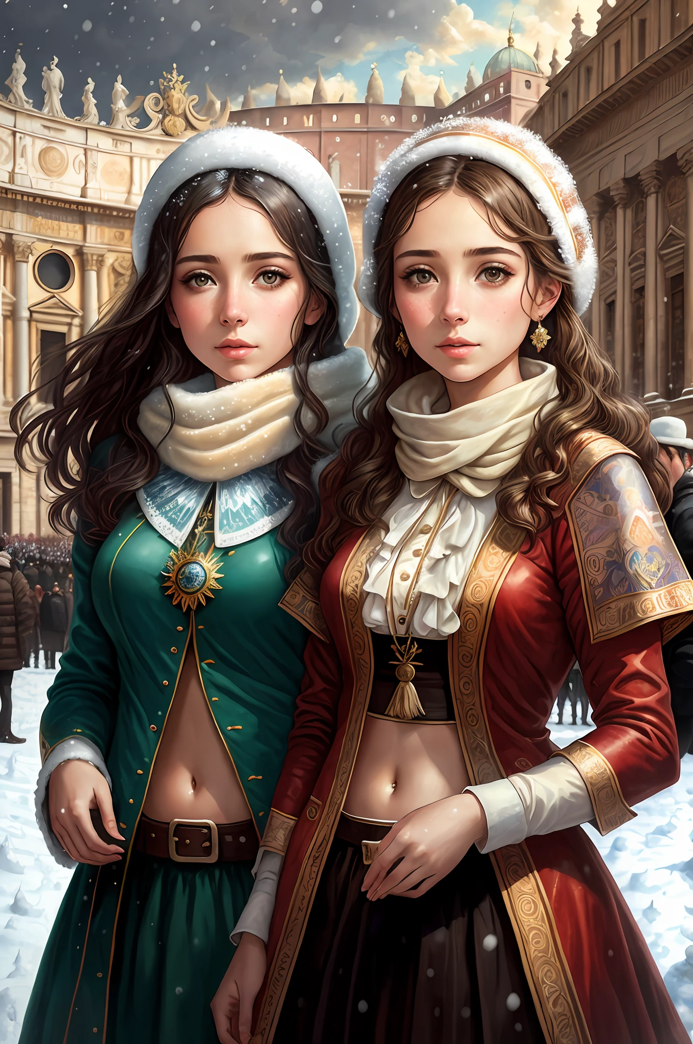 (Positive focus),2girls,duo,navel,(on the St. Peter's Square of Vatican,crowd,winter,Snowy),Surrealistic Female Portraits by David Hockney and Alphonse Mucha,Fantasy art,photograph realistic, Dynamic lighting,art stations,poster for,Volumetriclighting,Very detailed faces,4K,Award-Awarded,Fantastic costumes,Deep shadows,low tune,cowboy lens, (official outfit:1.4), looking at the camera in, Half-body shot,((Realistic face))),