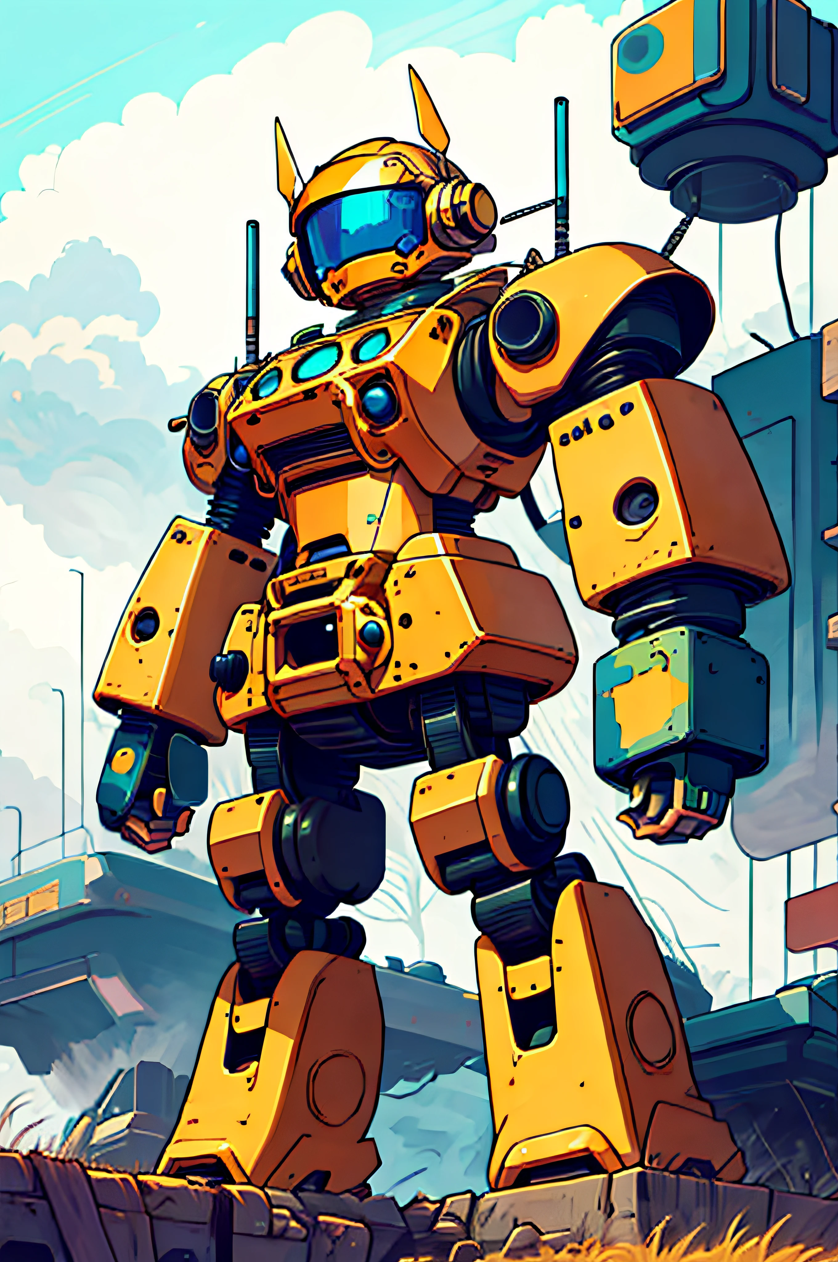 goofy popped color, pop art, cute little robot, no humans, solo, radio antenna, science fiction, star (sky), no text, cute