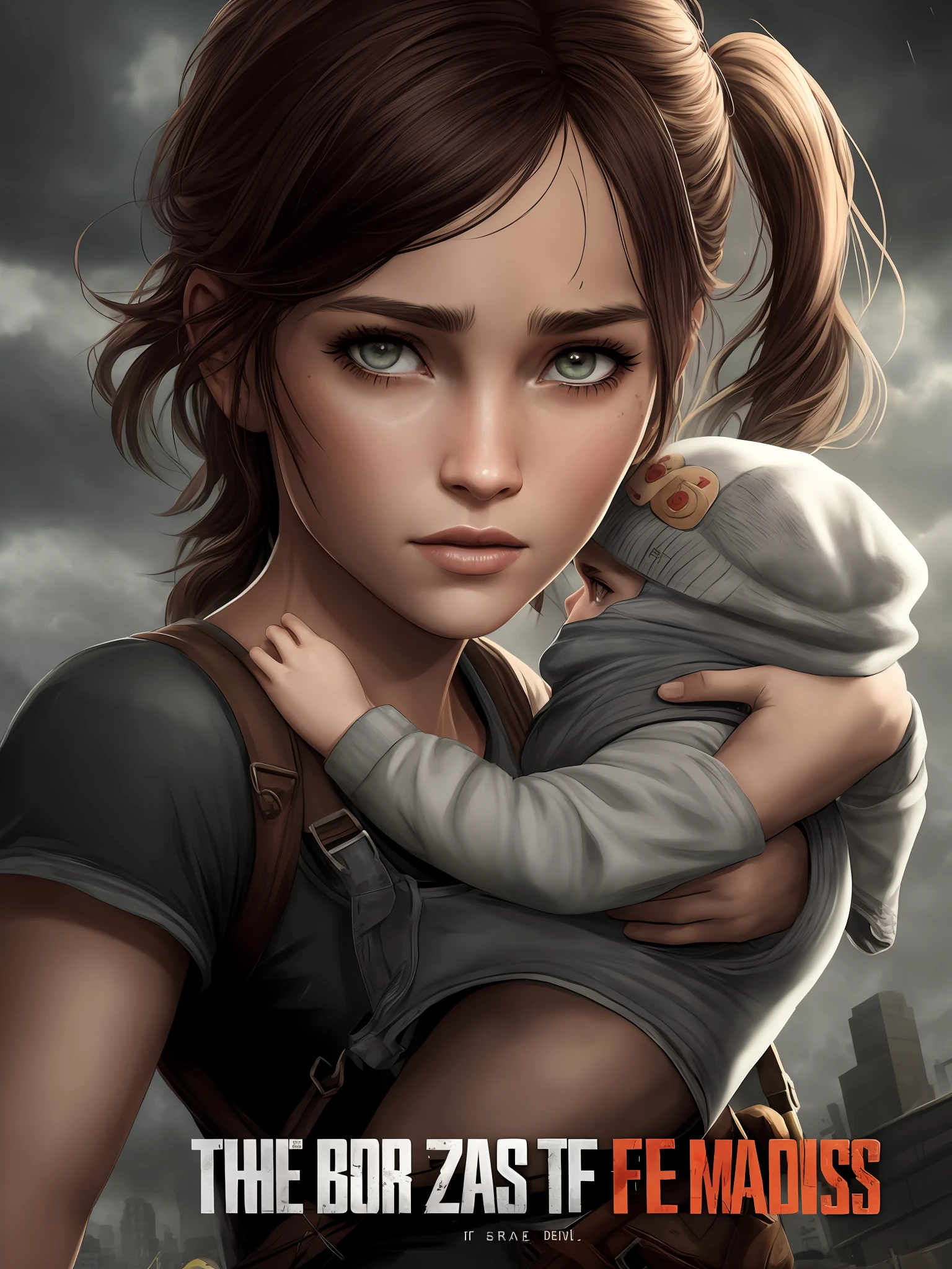 Imagine uma capa para o livro "Fim", A Story of Survival in the Zombie Apocalypse. A capa apresenta um fundo escuro e opressivo, with threatening clouds. No centro da capa, Destaques Vick, a protagonista corajosa, 14 anos, Holding the baby in your arms, Ellie Face The Last of Us Game. She's in a pose of determination, with the gaze reflecting courage and resilience. Ao redor de Vick, sombras sinistras de zumbis se destacam, conveying the constant threat she faces. The title "Fim" aparece em letras marcantes e impactantes, talvez com um efeito de textura ou sombreamento. detalhes sutis, as rubble or a symbol representative of the plot, can be added to accentuate the post-apocalyptic mood.