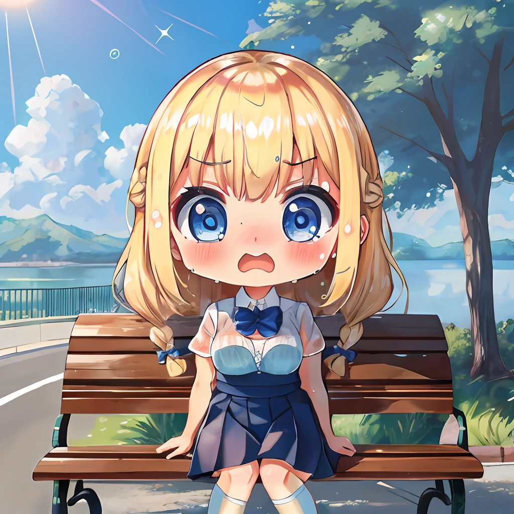 insanely detailed, absurdres, ultra-highres, ultra-detailed, best quality, 
1girl, solo, strong sunlight, day,
BREAK,
(upset, surprised,sweat, wet face, wet body, wet, wet clothes, wet shirt, full face blush:1.3), open mouth, wavy mouth, tokyo, 
bangs, bench, blonde_hair, blue_bow, blue_bowtie, blue_eyes, blue_skirt, blue_sky, blush, bow, bowtie, black bra, (bra_visible_through_clothes), braid, breasts, bush, collared_shirt, day, dress_shirt, fountain, lake, loafers, long_hair, looking_at_viewer, medium_breasts, on_bench, outdoors, park, park_bench, pleated_skirt, road, school_uniform, see-through, shirt, shoes, short_sleeves, sitting, sitting_on_bench, skirt, sky, socks, stairs, stone_stairs, tree, underwear, very_long_hair, white_footwear, white_legwear, white_shirt, 
BREAK,
slender, kawaii, perfect symmetrical face, ultra cute girl, ultra cute face, ultra detailed eyes, ultra detailed hair, ultra cute, ultra beautiful,
