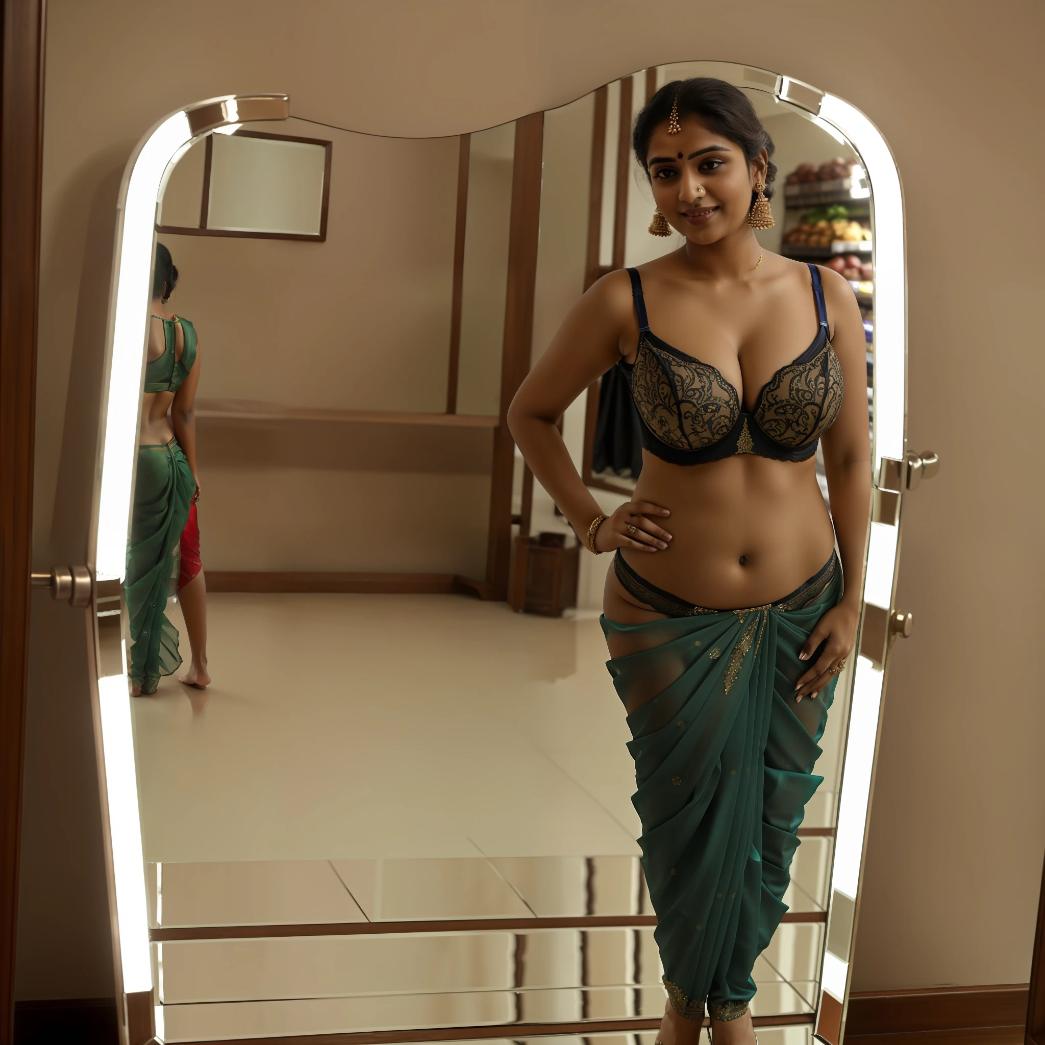 editorial photo of an Indian woman, shot on canon Eos 5d, ((wearing saree and lingerie:1.4)), ((outdoor, supermarket:1.2)), 32k, cinematic composition, professional color grading, film grain, atmosphere, wondrous, visible navel, ((anatomically correct:1.4)), hyperrealistic, (looking at camera), ((busty, curvy, big ass:1.2)), smiling, ((reflection on a mirror:1.5)), looking at a mirror, ((full body shot)), upclose,(dark skin:1.2)