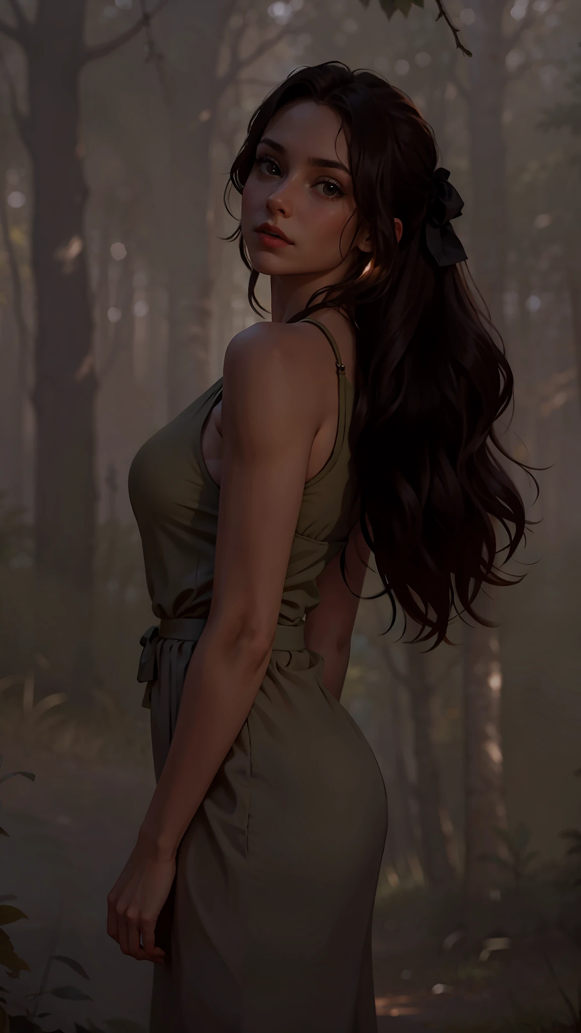 a hyper-realistic portrait of a young woman, under a tree, inside a forest, in the middle of nature, 22 years old, realistic, (lying on her side), sexy, (huge breasts 2:1), short brown hair, (hair tied with bows), curved, SFW