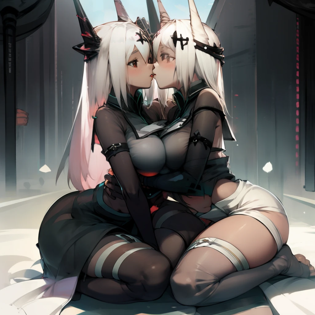 "2-girl, who kiss and touch each other. Salacious, big boobs, Mini skirt and white and black, see-through thigh stockings. Po sichtbar."