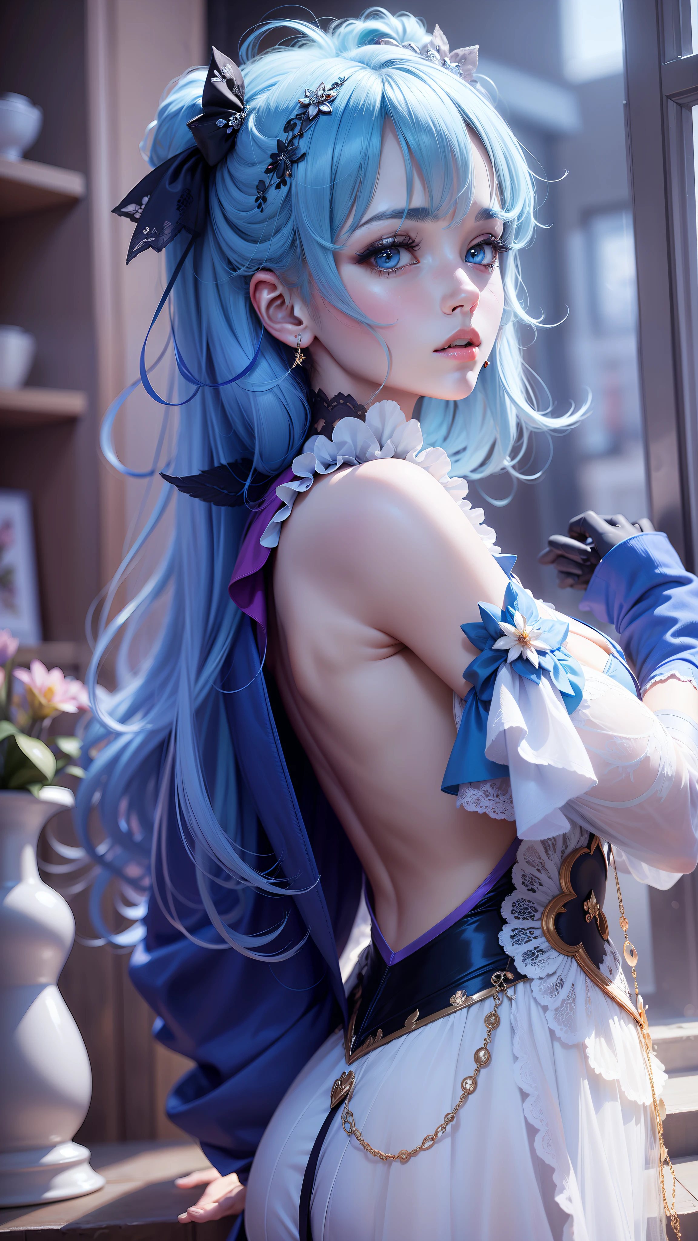 a beauty girl，blue hairs，anime big breast，Advancedsense，delicated