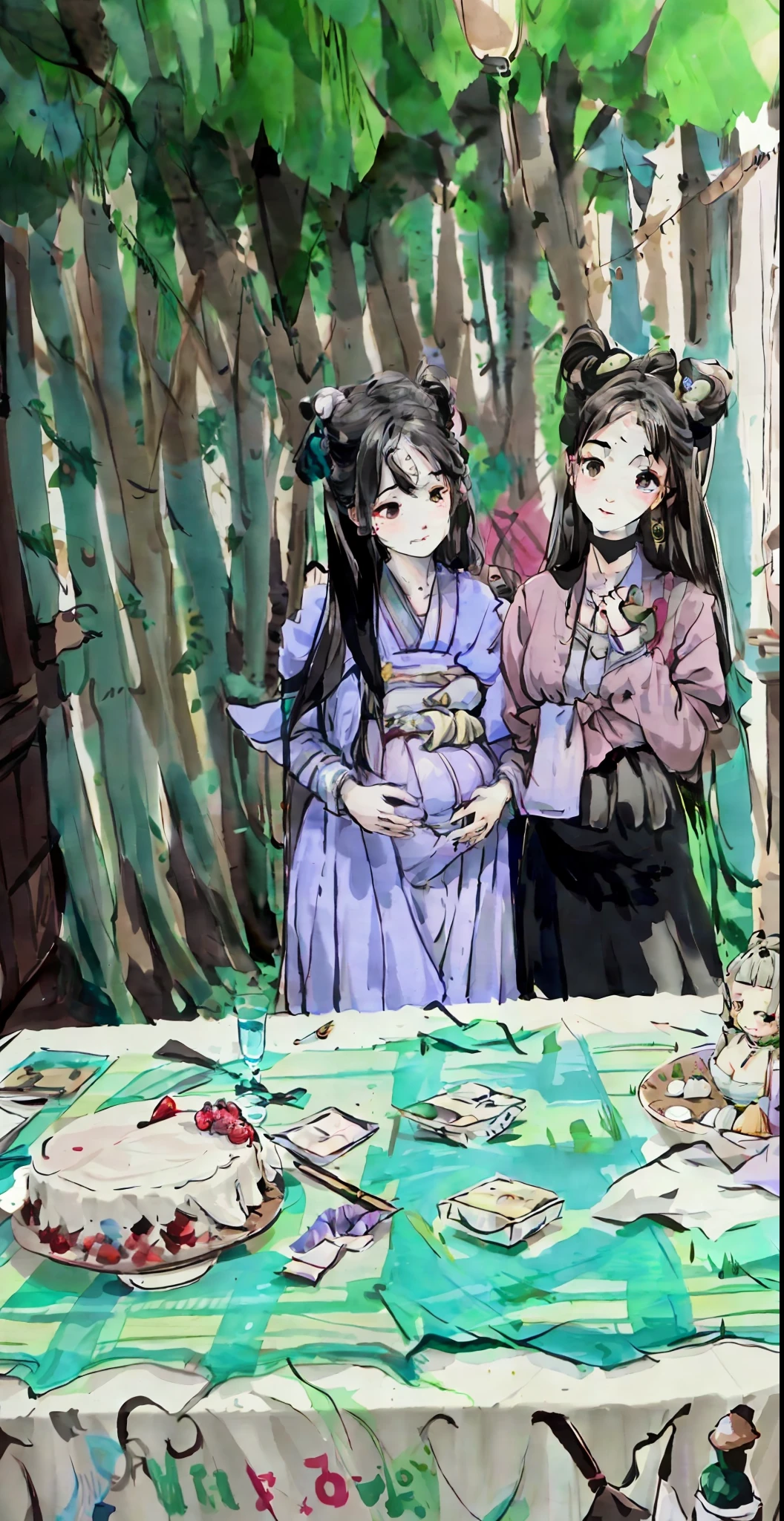 Pregnant woman and her friend in front of a table with a cake, pano de fundo, Directed by: Hannah Tompkins, by Amelia Peláez, julia fuentes, Directed by: Judith Gutierrez, divertindo-se, gravidez, fernanda suarez, In the background, ((Saturado)), Directed by: Olivia Peguero, celebration, 😭 🤮 💕 🎀, at a birthday party