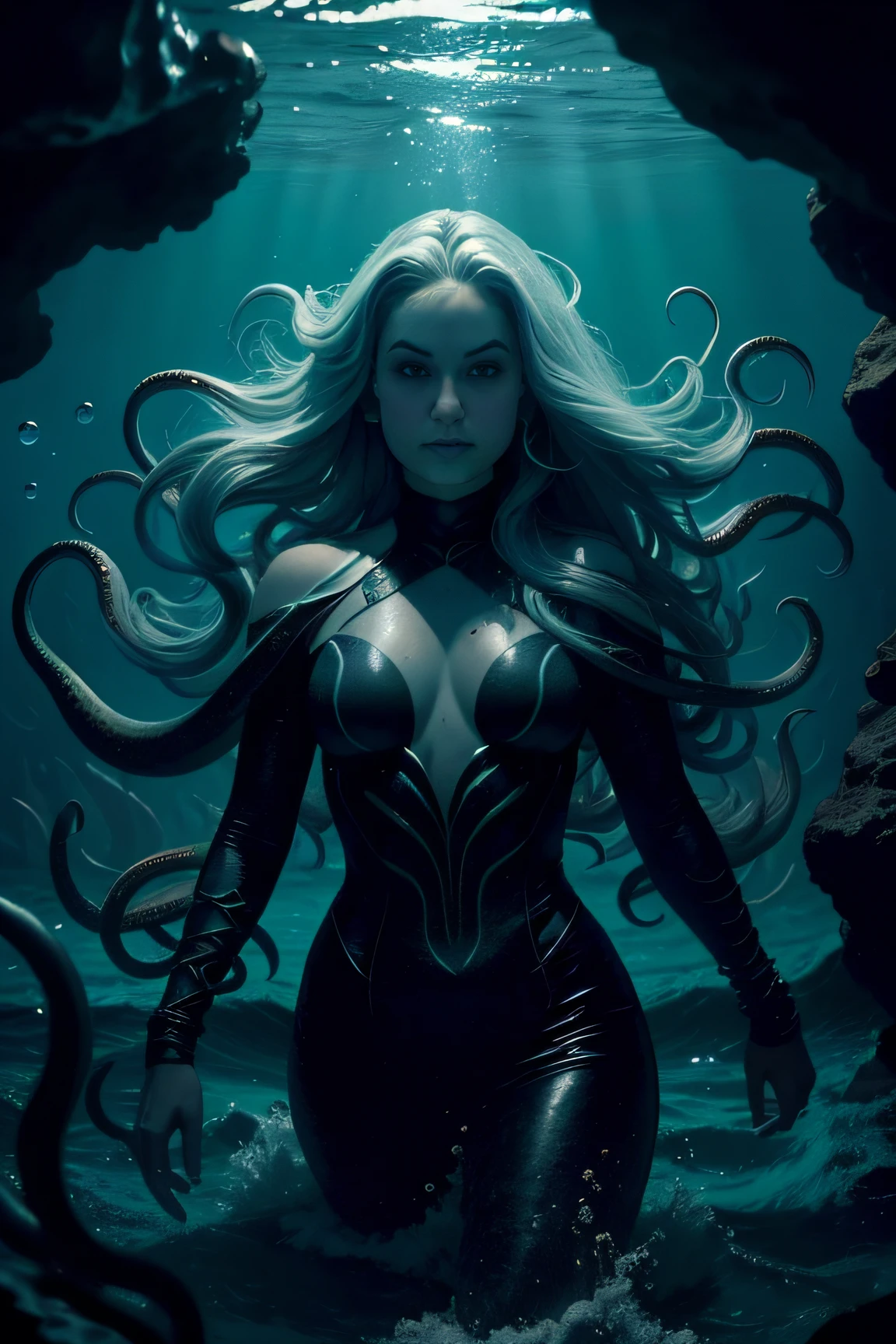 uma foto de uma bruxa do mar, cabelo curto preto, malvado, Villanious, she's coming for you, de perto, oceano escuro,( deep underwater:1.1), lightning, olhos brilhantes, usando um vestido feito de algas, tentacles, polvo, (de perto:1.3)