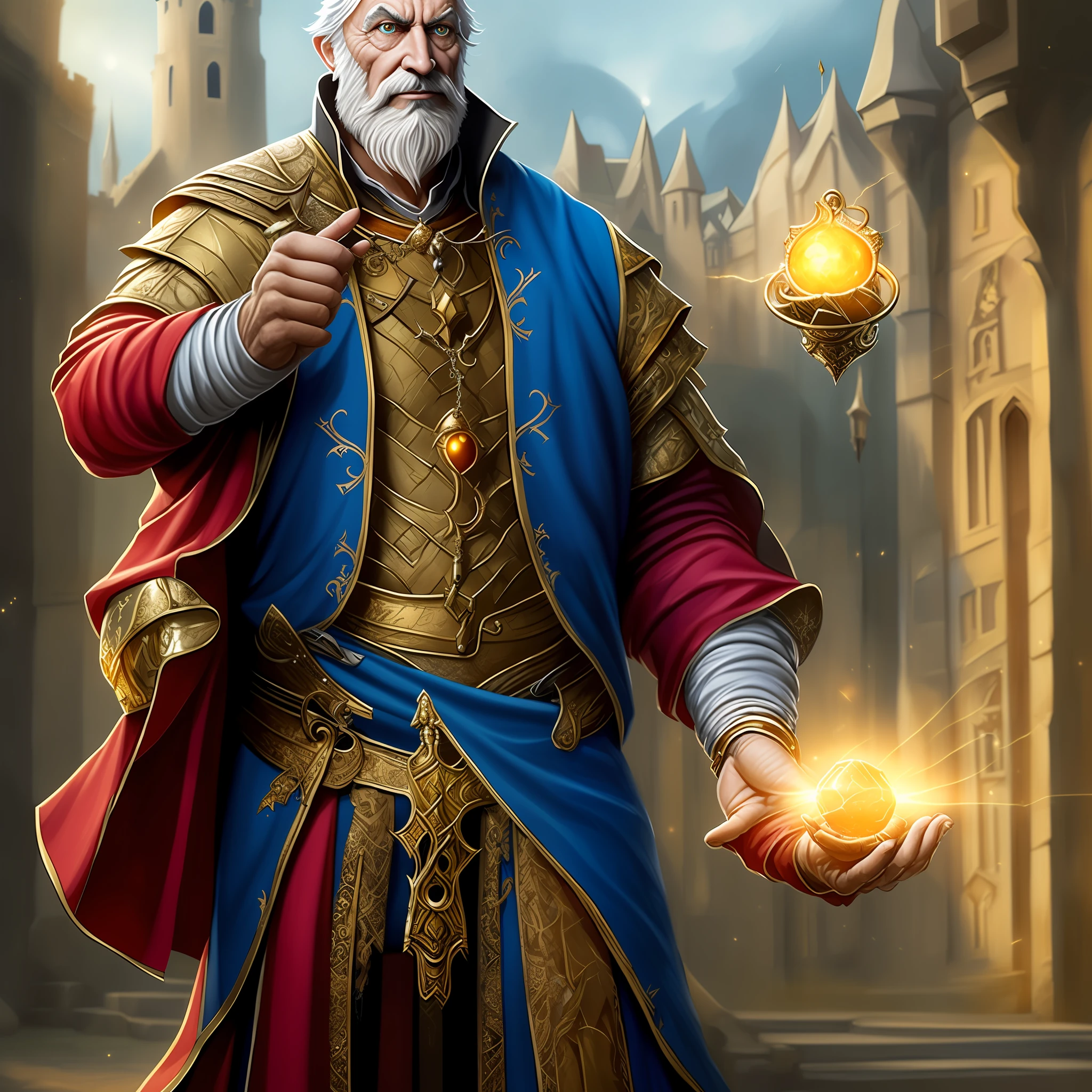 An art of a fantasy character. A theatrical and dramatic medieval court jester, wearing clothing characteristic of court jesters from the medieval period. He holds in his left hand an enchanted and luminous stone, this stone radiates powerful magic. In the background the interior of a castle. Vertical portrait format image. Character for RPG game, fantasy, fictional, detailed, unique and alone character.