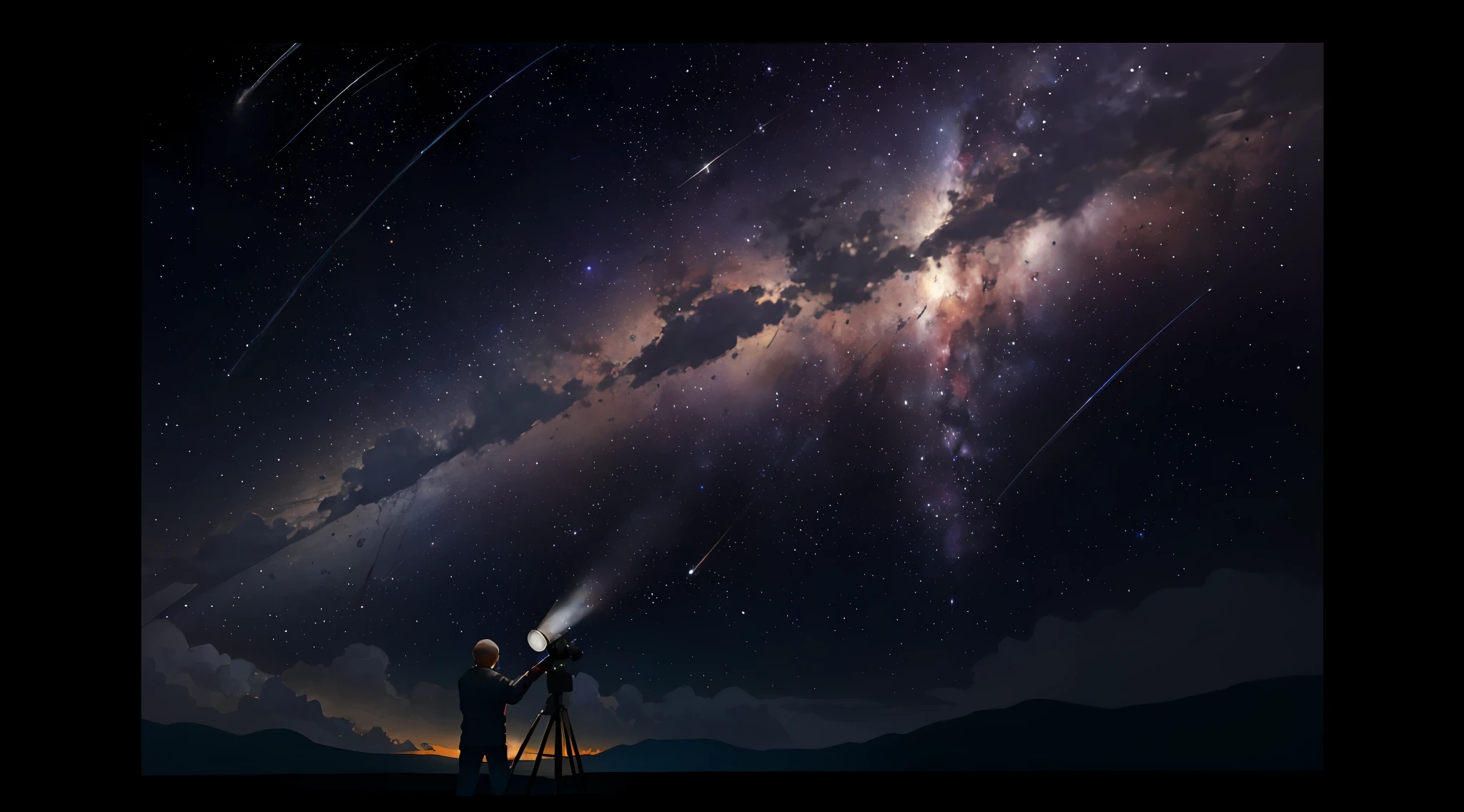 Astronomer seeing a comet through telescope, obra-prima, melhor qualidade, alta qualidade, papel de parede 8k extremamente detalhado da unidade CG, profundidade de campo, HDR, fotorrealista, extremamente detalhado, intrincado, alto detalhe, cometa com uma longa calda, outer space, galaxy, estrelas, planetas, astronomia, cosmos, celestial, nebulosa, buraco negro, sistema solar, cosmic rays, supernova, deep space, astronomical objects, cinematiclighting, Cena de filme, profundidade de campo, Realismo, fotorrealista, hiper-realismo, fotografia profissional, UHD, DSLR, HDR